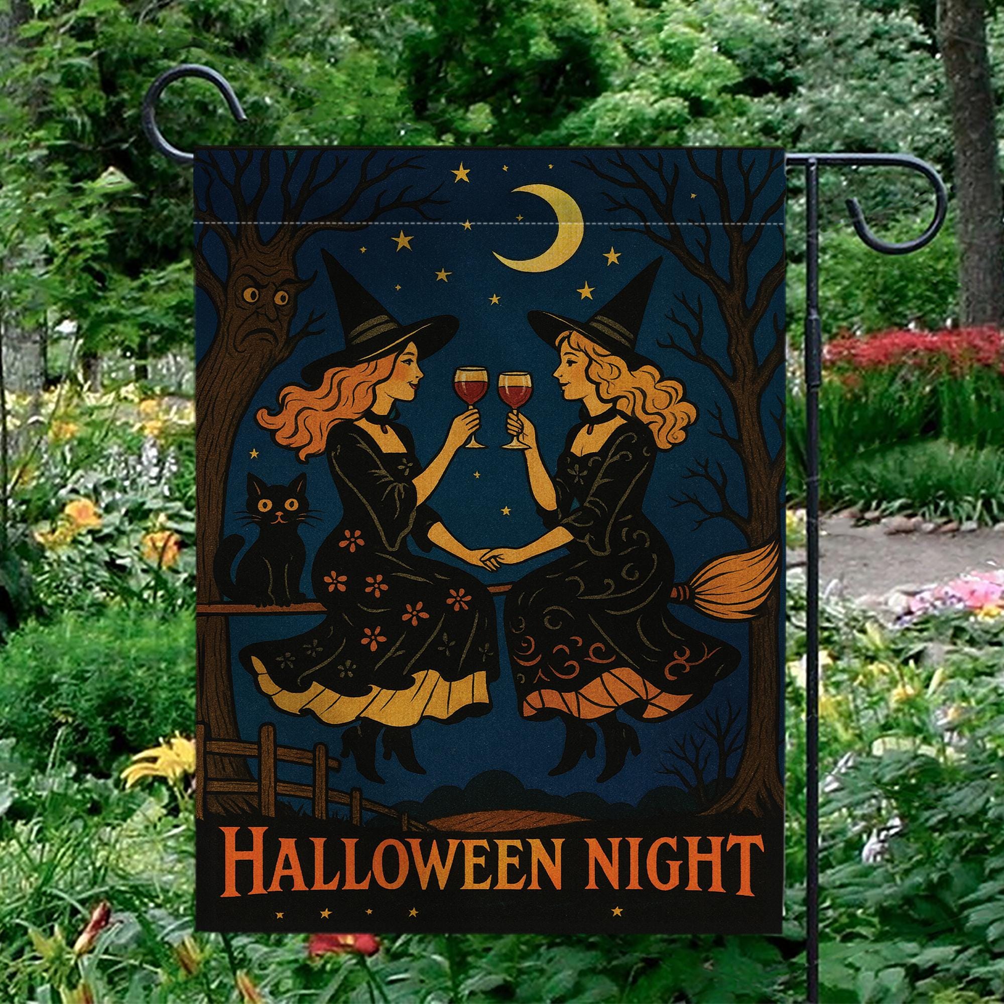 Halloween Night Gnome Garden Flag, Witchy Witches Cheers Outdoor Fall & Halloween Yard Banner, Halloween Night, Outdoor Fall Decor