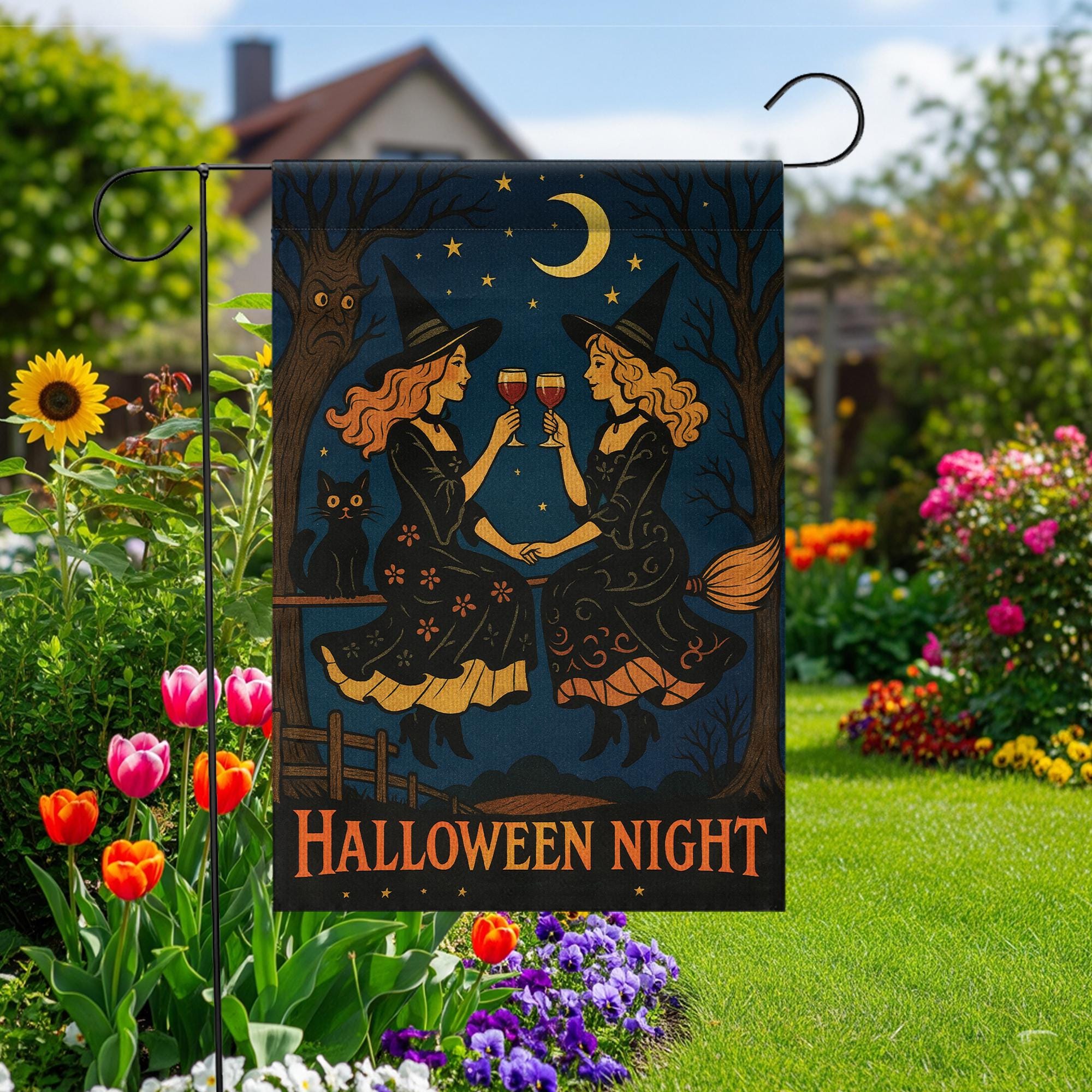 Halloween Night Gnome Garden Flag, Witchy Witches Cheers Outdoor Fall & Halloween Yard Banner, Halloween Night, Outdoor Fall Decor