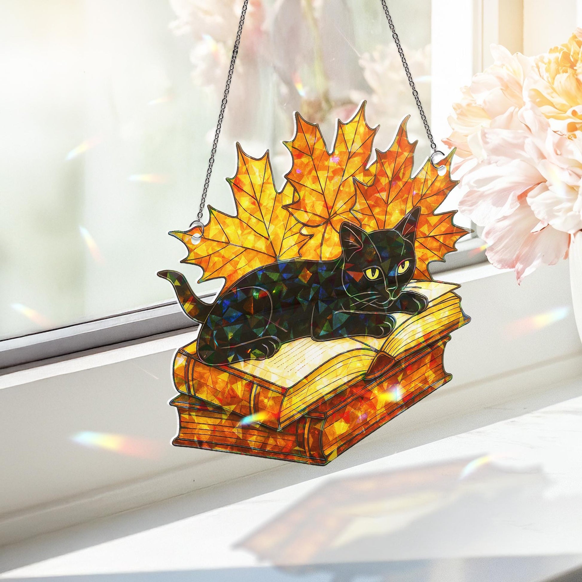 Black Cat Autumn Leaf Book Acrylic Hologram Window Hanging, Fall Cat Lover Home Decor, Halloween Sun Catcher Ornament, Suncatcher Style