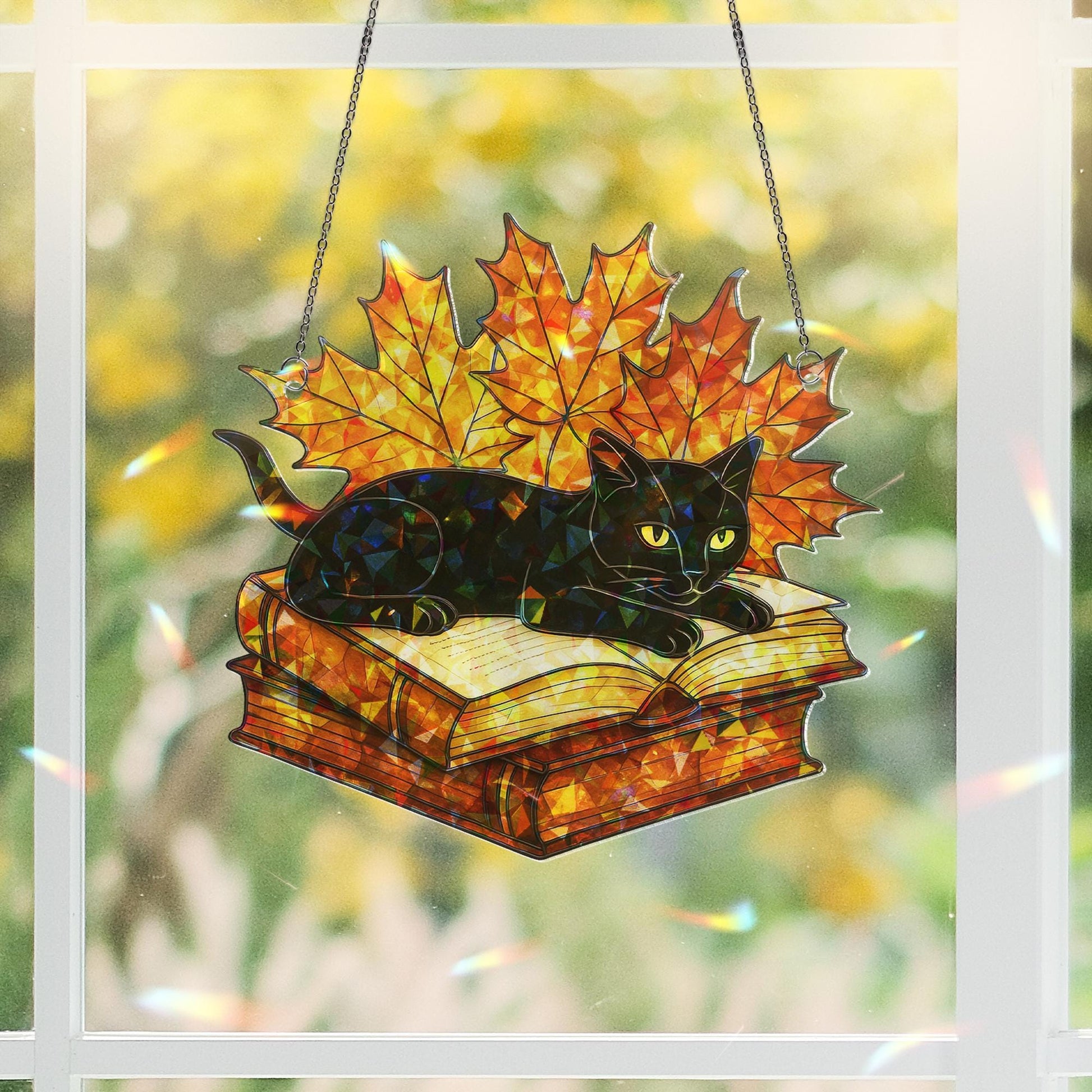 Black Cat Autumn Leaf Book Acrylic Hologram Window Hanging, Fall Cat Lover Home Decor, Halloween Sun Catcher Ornament, Suncatcher Style