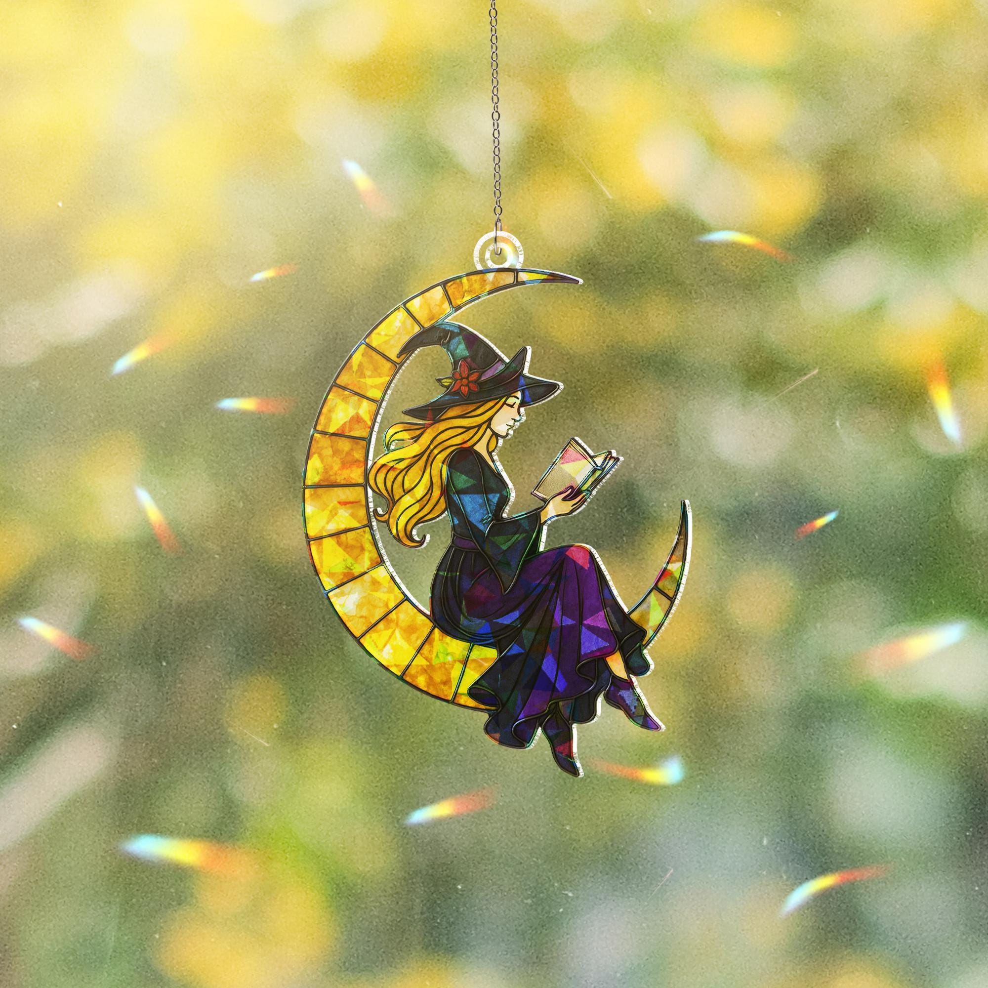 Witch on Crescent Moon Acrylic Hologram Window Hanging, Halloween Witch Decor, Mystic Stained Glass Style, Suncatcher Style