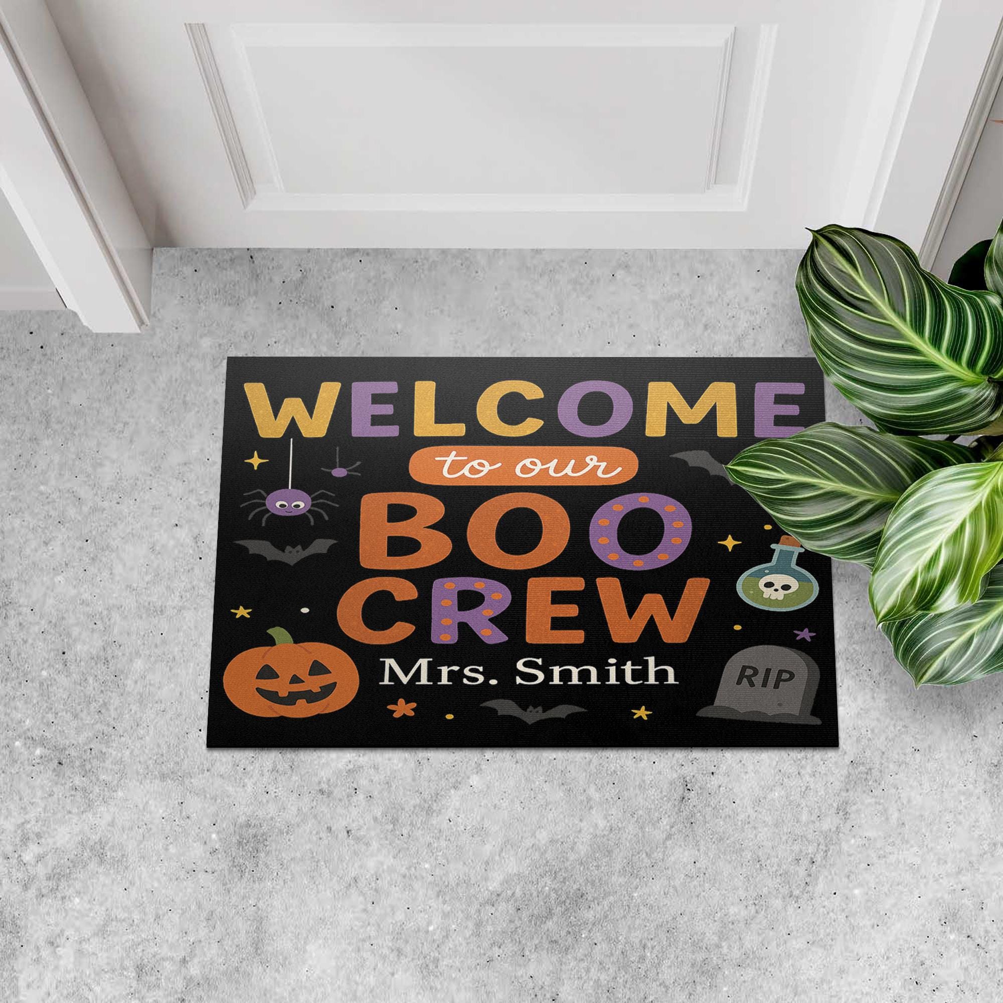 Halloween Welcome Doormat, Personalized Boo Crew Front Porch Mat, Custom Fall Outdoor Entry Rug, Spooky Pumpkin Door Decoration, Welcome Mat
