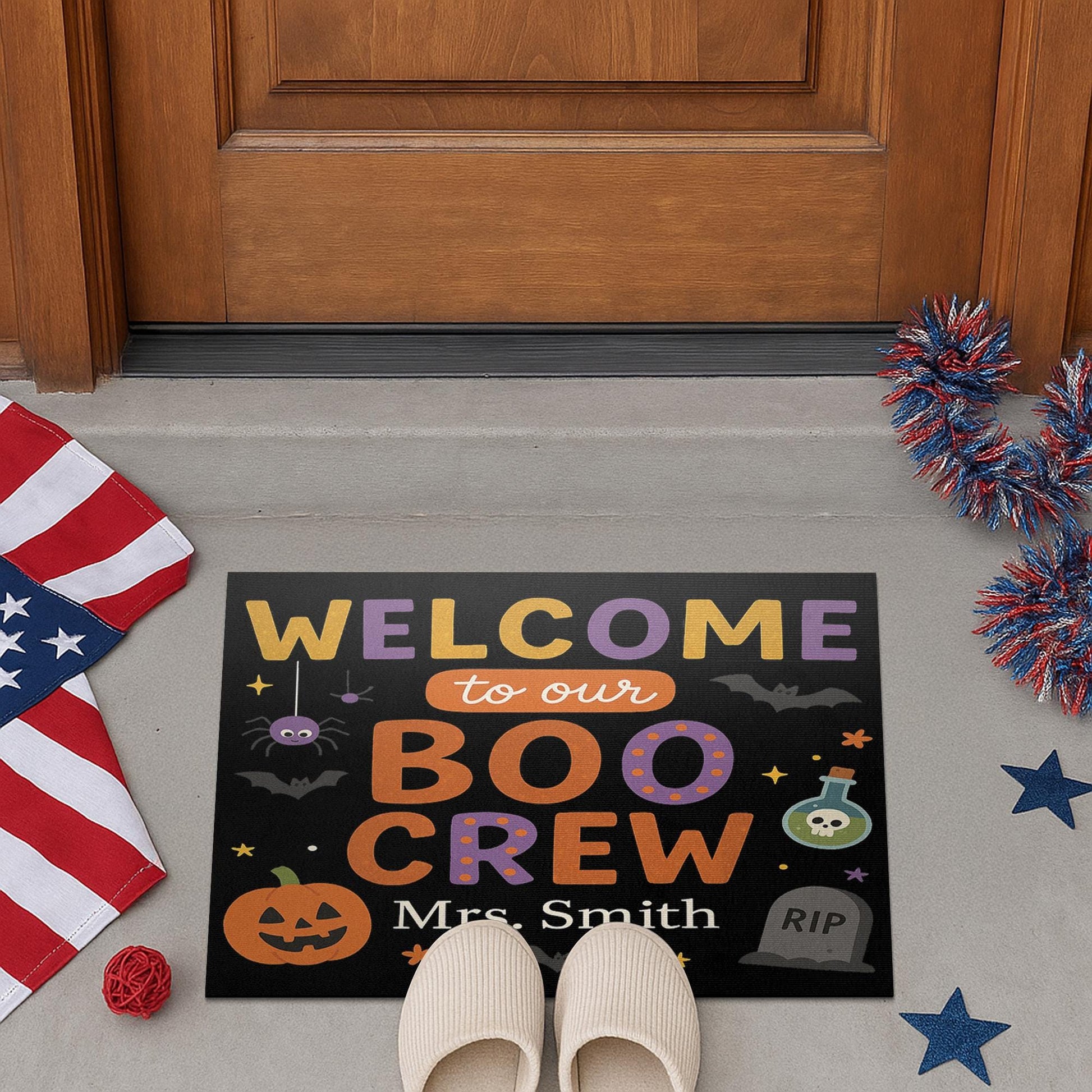 Halloween Welcome Doormat, Personalized Boo Crew Front Porch Mat, Custom Fall Outdoor Entry Rug, Spooky Pumpkin Door Decoration, Welcome Mat
