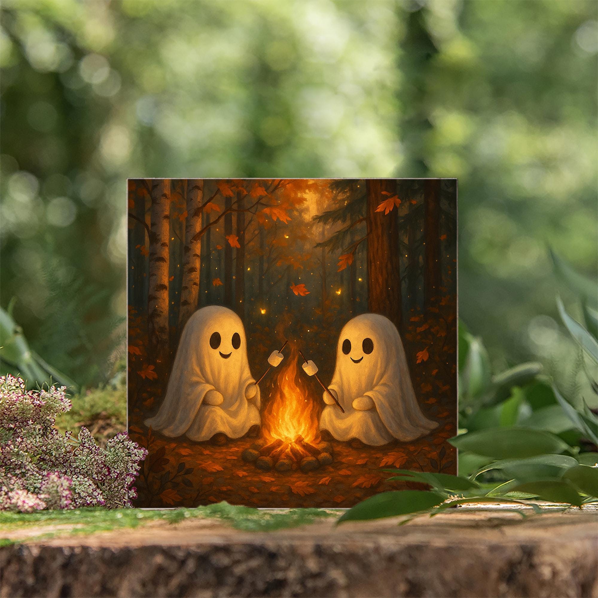 Ghost Campfire Wood Block Sign – Cute Halloween Ghosts Roasting – Spooky Autumn Shelf Decor for Fall & Cottagecore Vibes