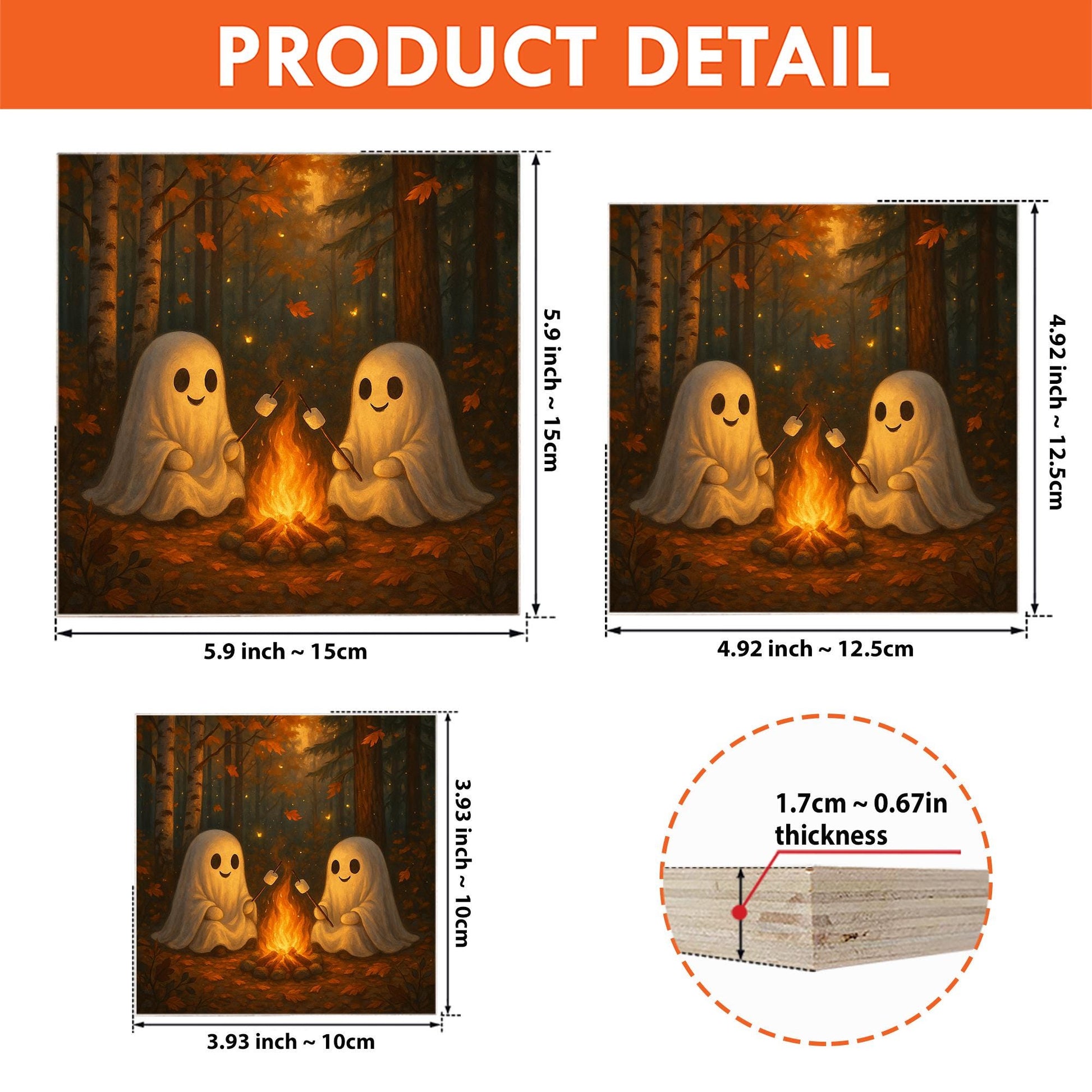 Ghost Campfire Wood Block Sign – Cute Halloween Ghosts Roasting – Spooky Autumn Shelf Decor for Fall & Cottagecore Vibes