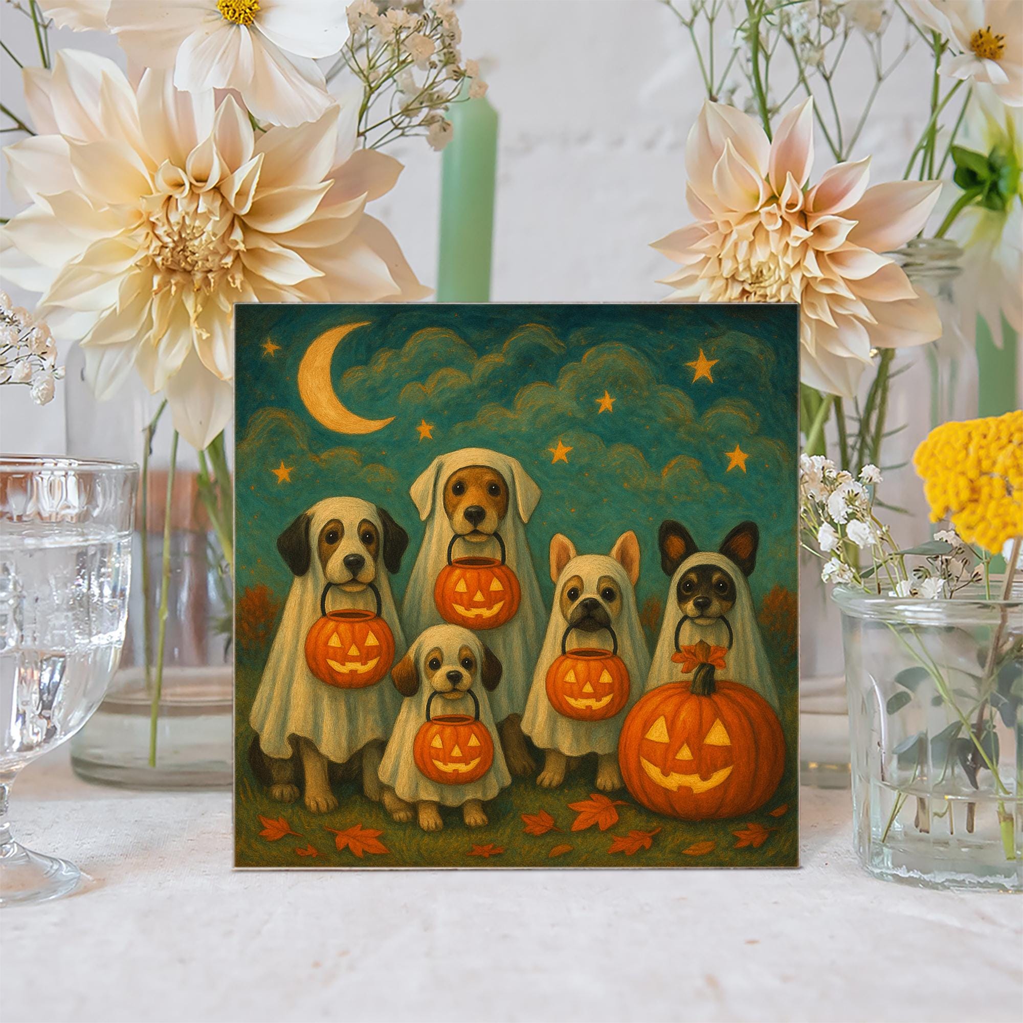 Halloween Dog Ghost Wood Block – Cute Trick-or-Treat Puppy Sign with Pumpkins – Fall Shelf for Pet Lovers & Spooky Decor