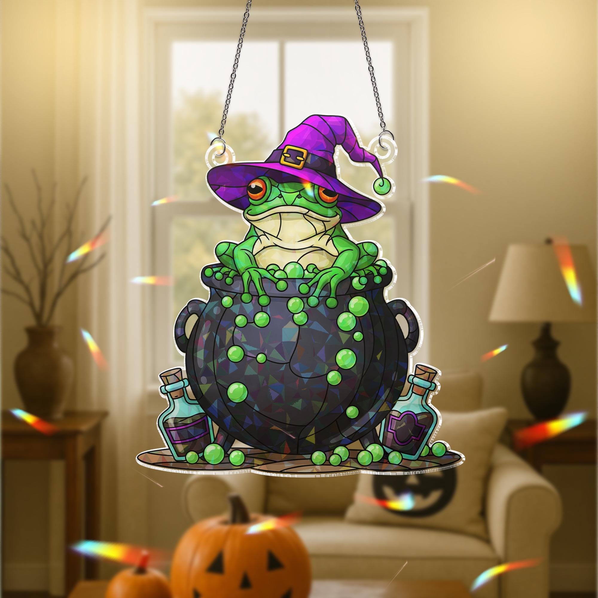 Witchy Frog Suncatcher – Holographic Acrylic Cauldron Window Decor – Cute Halloween Frog Sun Catcher for Spooky Cottagecore Vibes