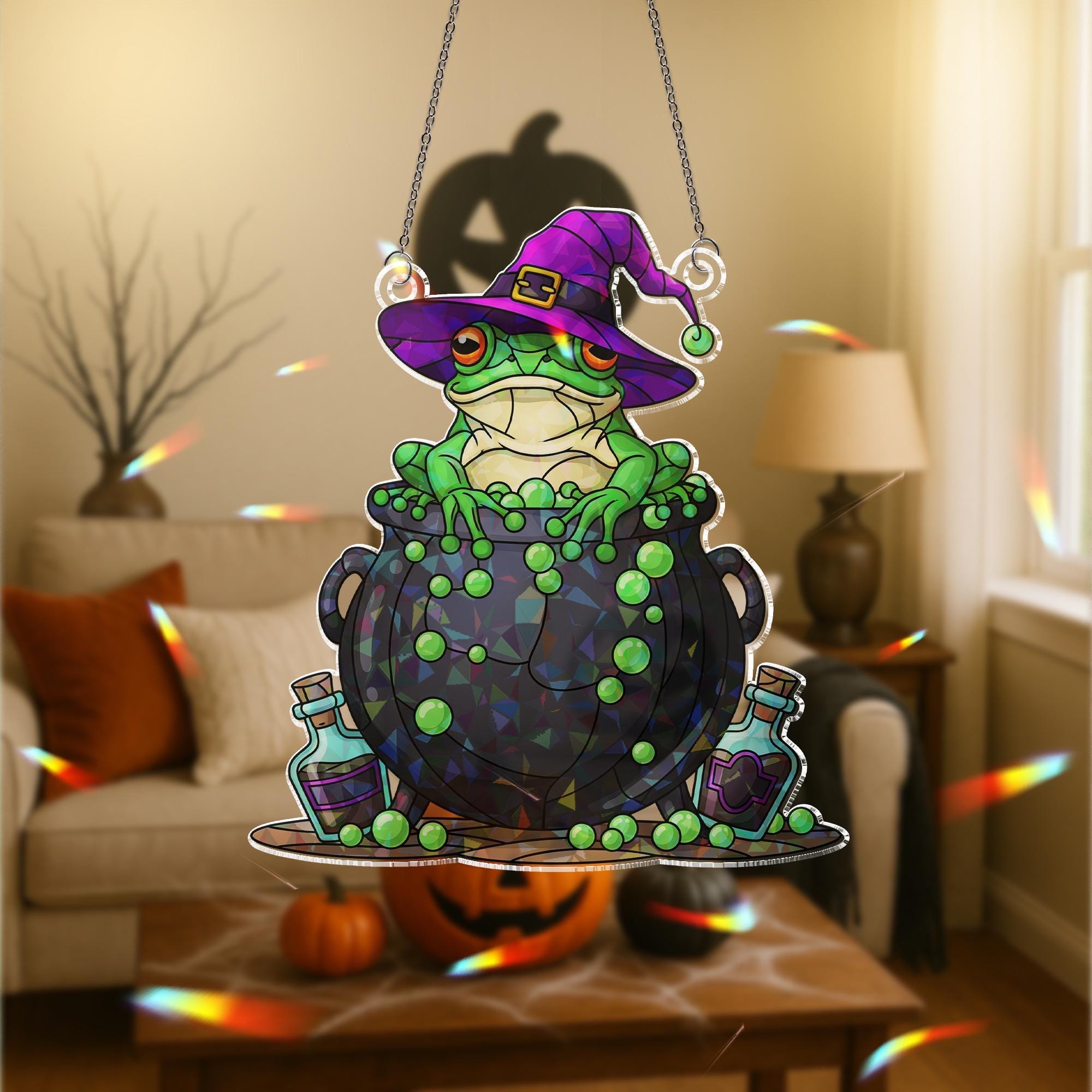 Witchy Frog Suncatcher – Holographic Acrylic Cauldron Window Decor – Cute Halloween Frog Sun Catcher for Spooky Cottagecore Vibes