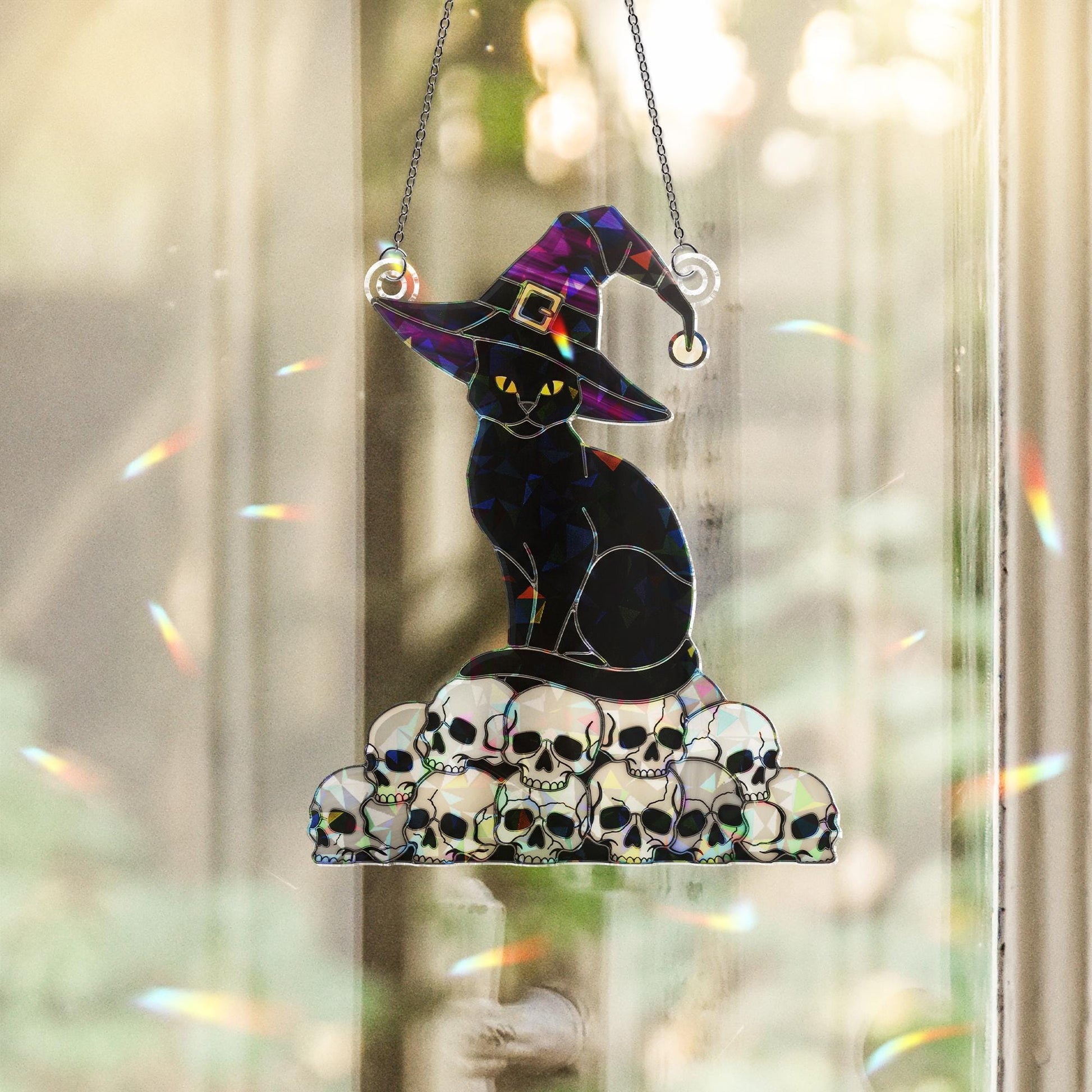 Witch Cat FAUX Stained Glass Suncatcher – Holographic Acrylic Halloween Window Decor – Black Cat on Skulls Gothic Sun Catcher