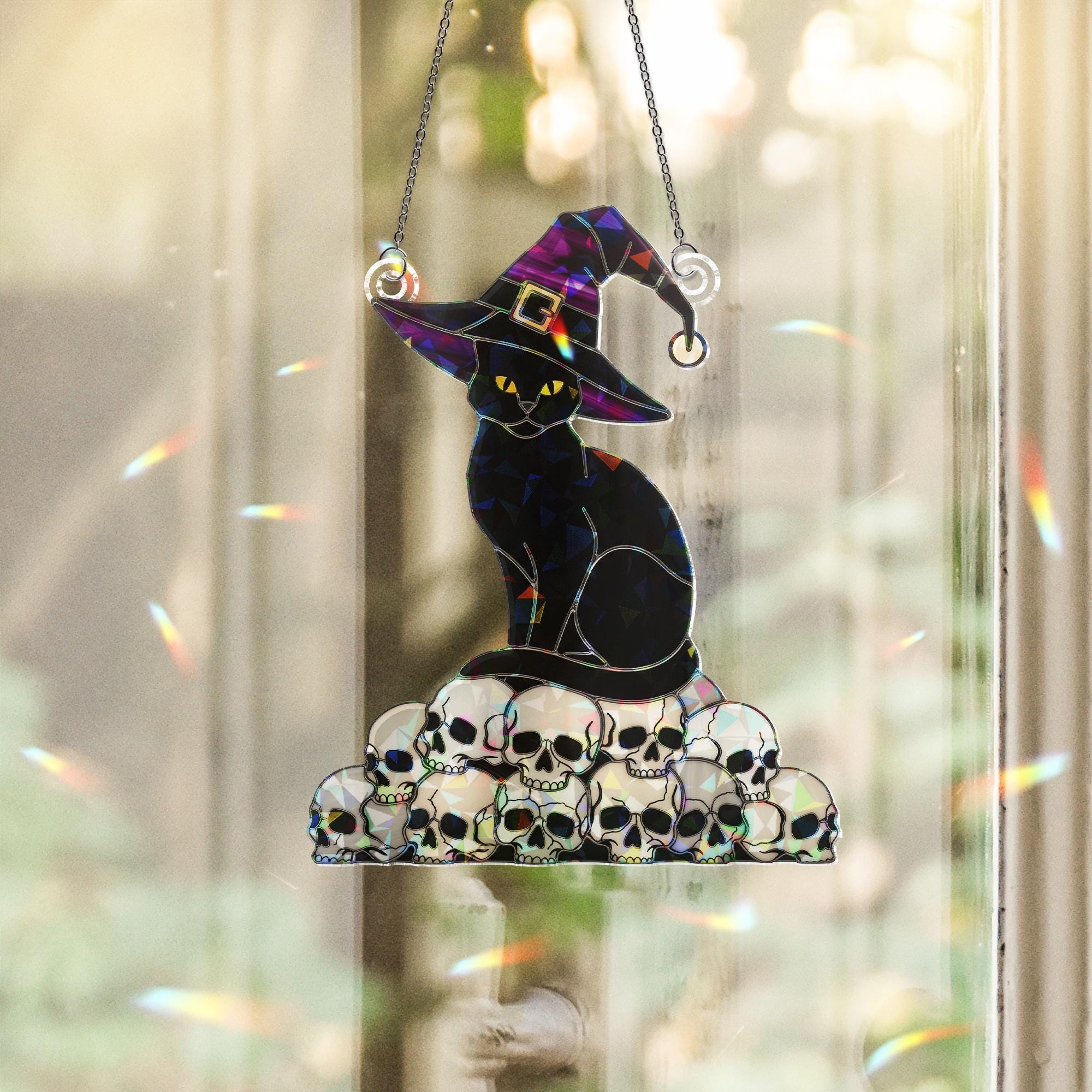 Witch Cat FAUX Stained Glass Suncatcher – Holographic Acrylic Halloween Window Decor – Black Cat on Skulls Gothic Sun Catcher