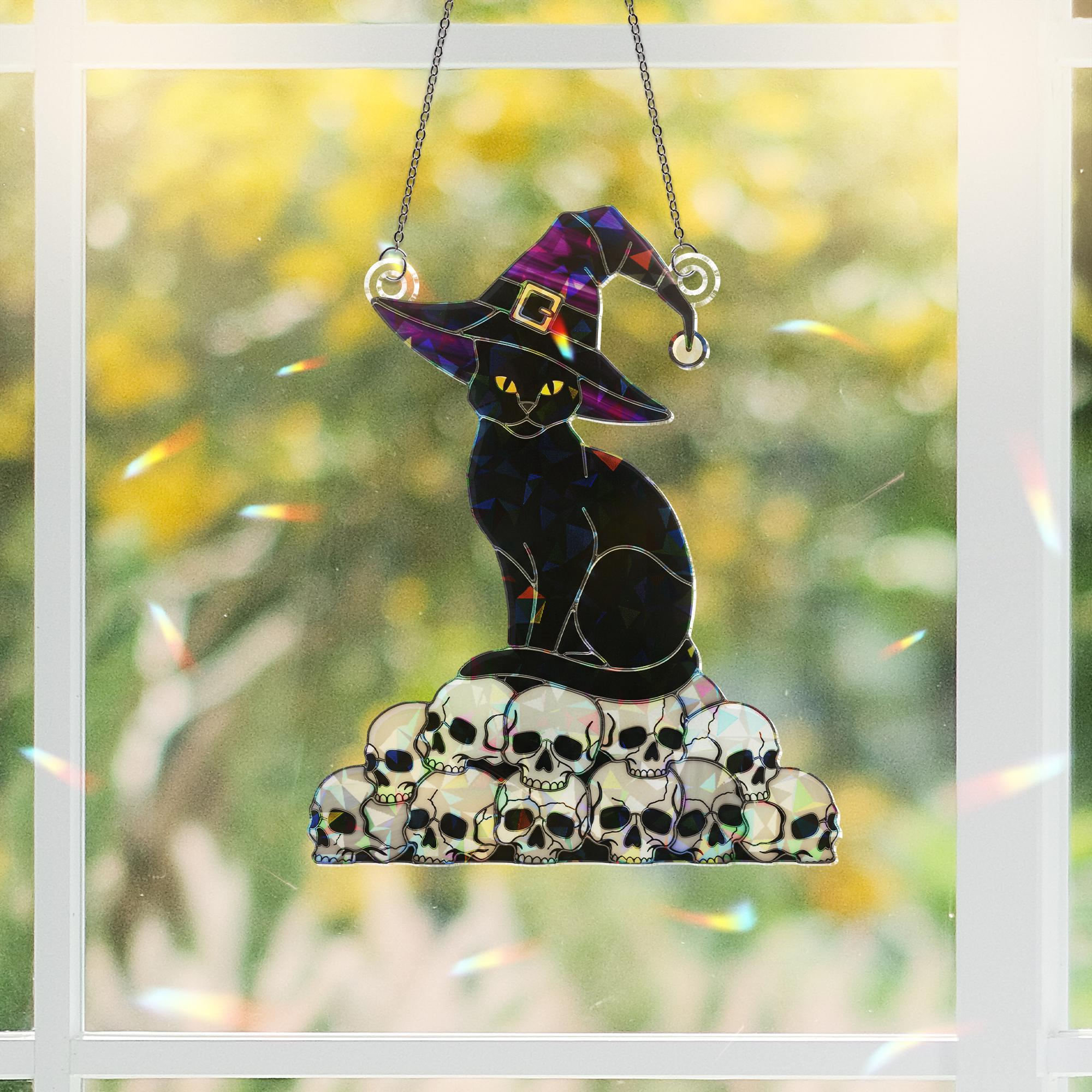 Witch Cat FAUX Stained Glass Suncatcher – Holographic Acrylic Halloween Window Decor – Black Cat on Skulls Gothic Sun Catcher