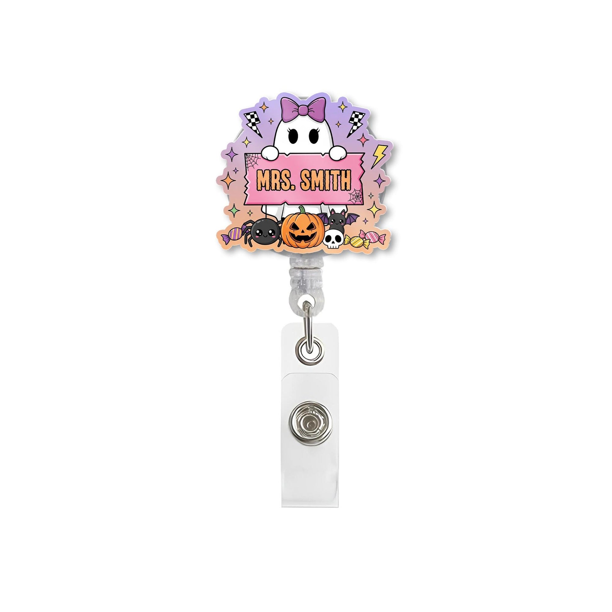 Cute Halloween Ghost Name Badge Reel, Pumpkin Spider Teacher Nurse Badge Accessory, Teacher Personalized Badge Clip