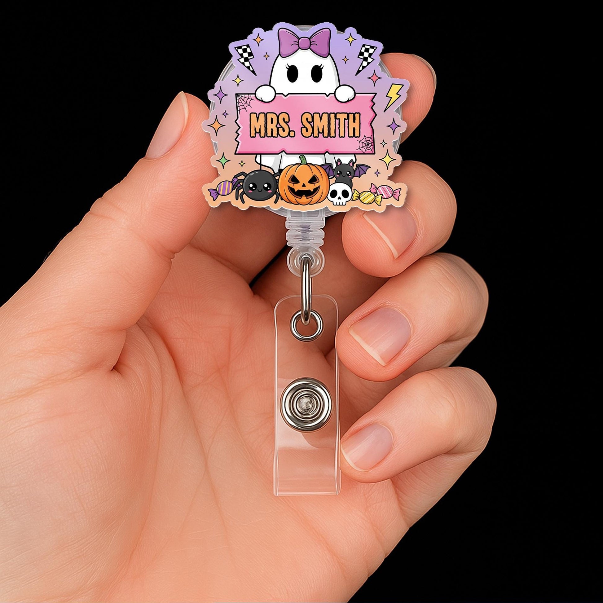Cute Halloween Ghost Name Badge Reel, Pumpkin Spider Teacher Nurse Badge Accessory, Teacher Personalized Badge Clip
