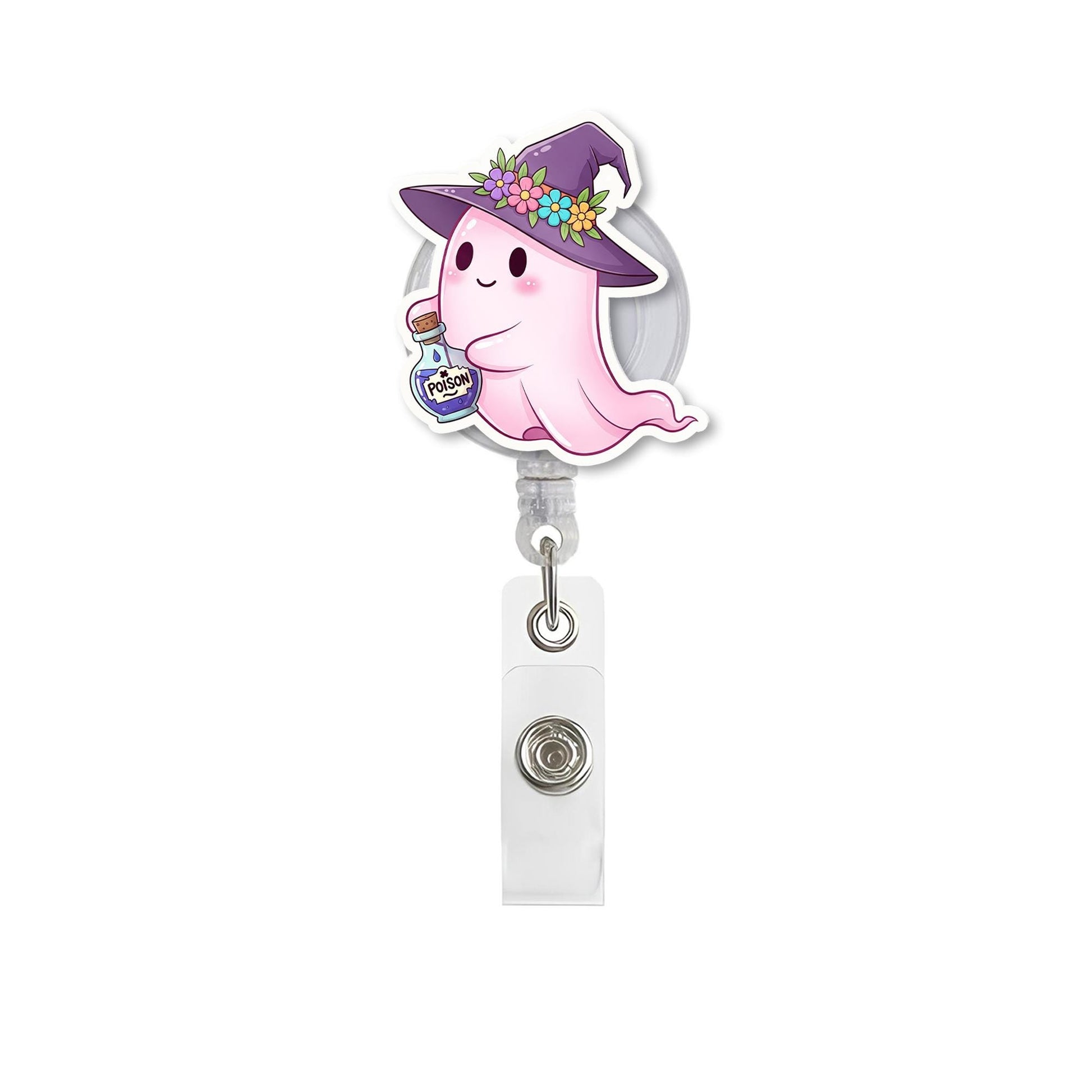 Cute Ghost Badge Reel – Halloween Witch Ghost ID Holder – Pink Ghost with Poison Bottle – Spooky Cute Nurse Gift
