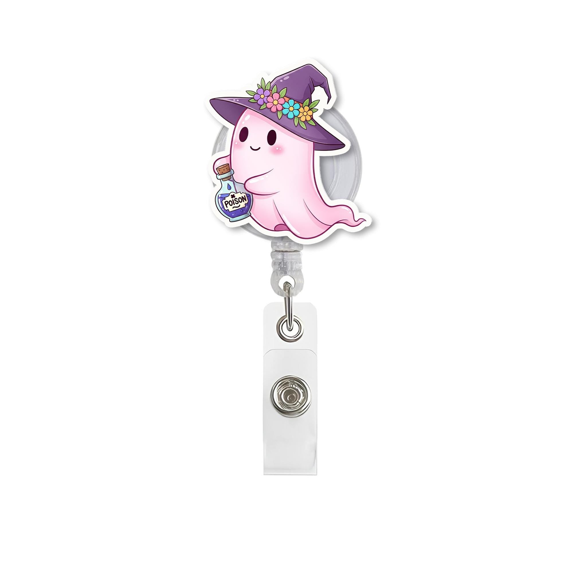 Cute Ghost Badge Reel – Halloween Witch Ghost ID Holder – Pink Ghost with Poison Bottle – Spooky Cute Nurse Gift