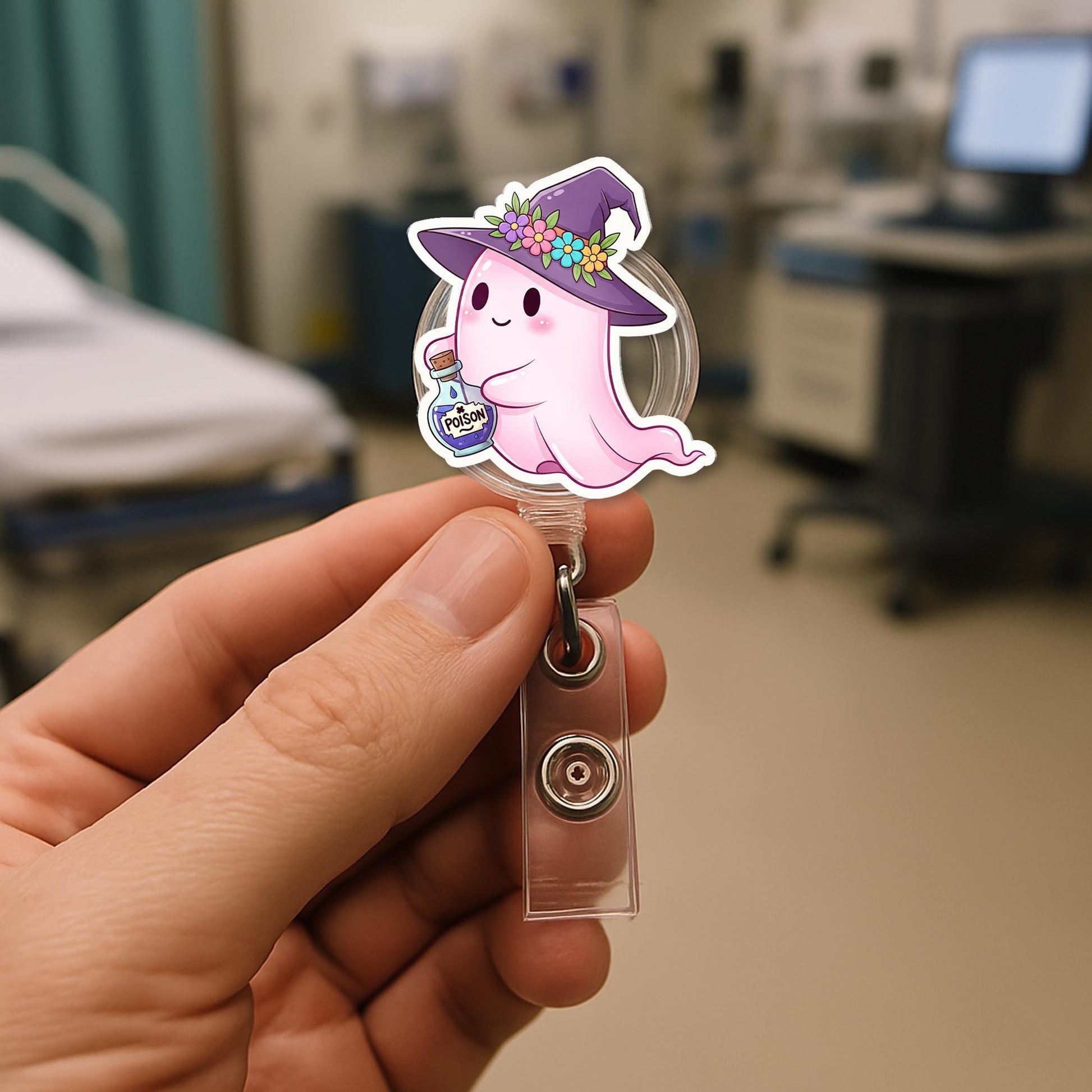 Cute Ghost Badge Reel – Halloween Witch Ghost ID Holder – Pink Ghost with Poison Bottle – Spooky Cute Nurse Gift