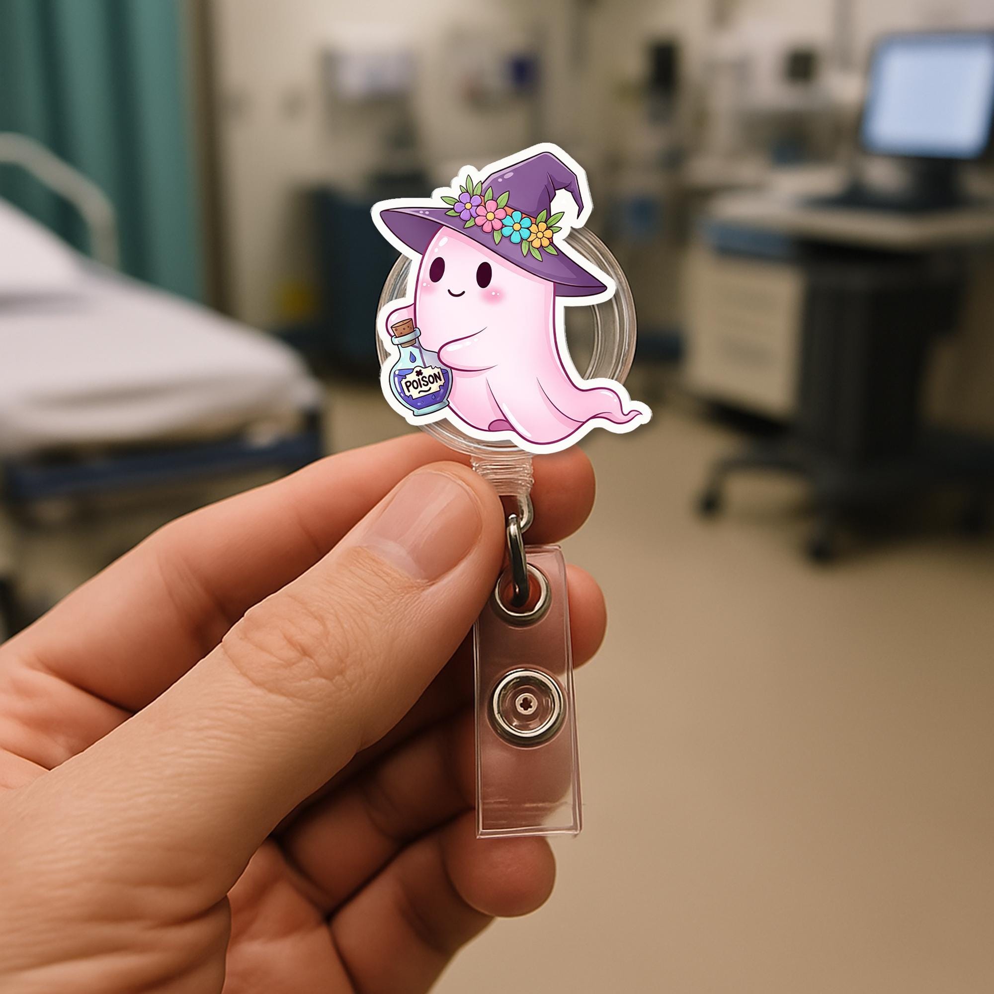 Cute Ghost Badge Reel – Halloween Witch Ghost ID Holder – Pink Ghost with Poison Bottle – Spooky Cute Nurse Gift