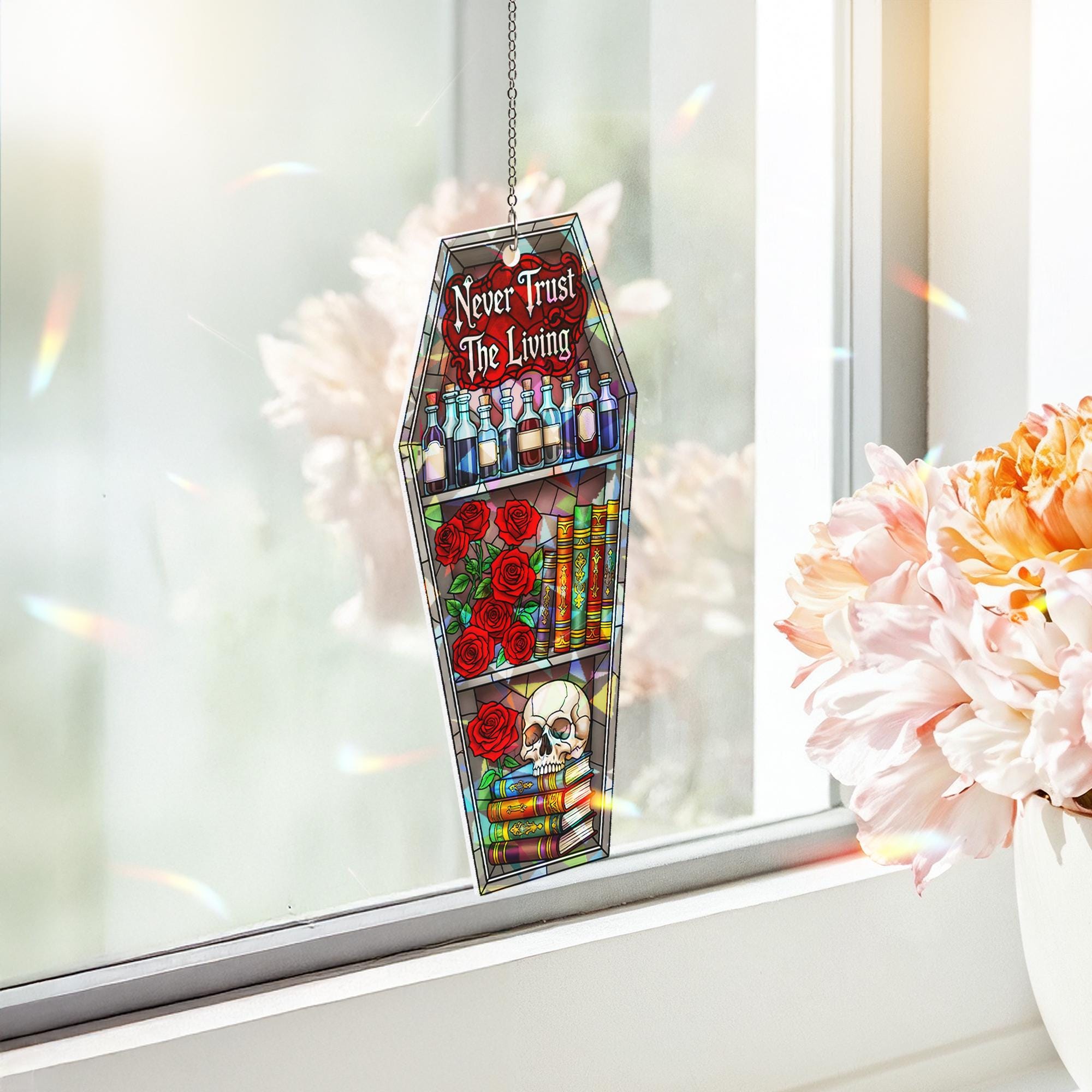 Gothic Coffin Suncatcher – Never Trust The Living – Halloween Skull Rose Stained Glass Window Decor