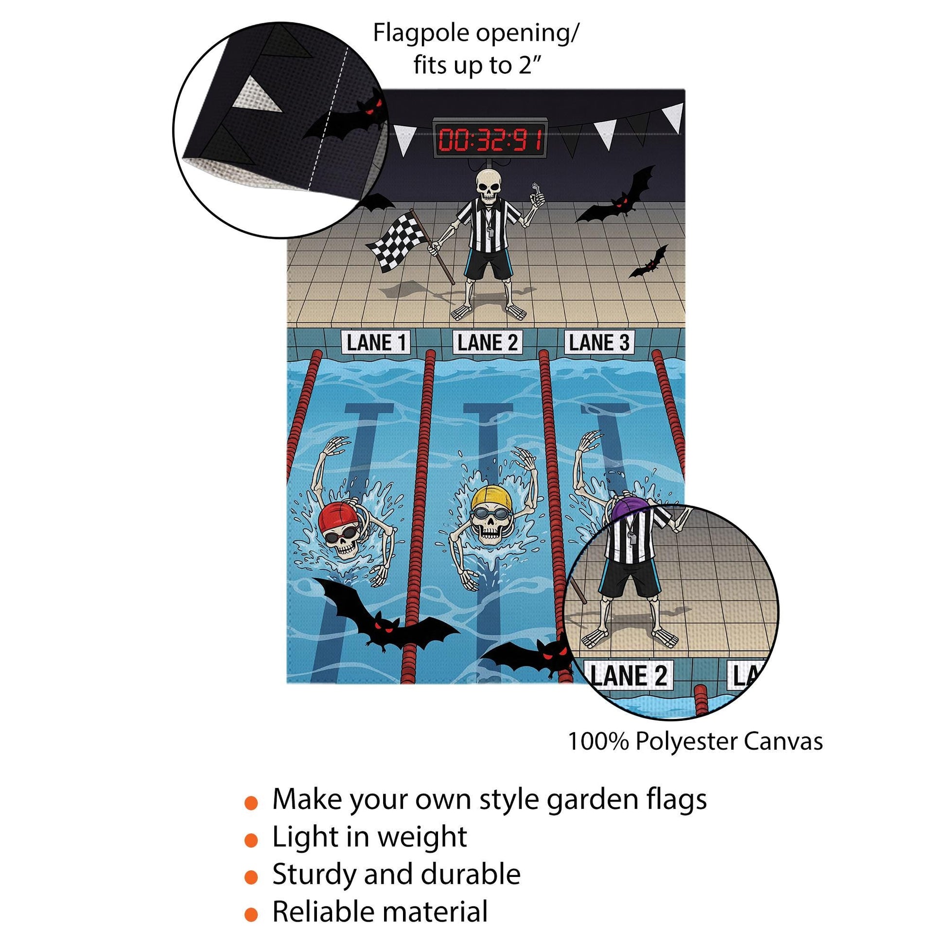 Skeleton Swim Halloween Garden Flag – Funny Swimming Skeleton Yard Decor – Spooky Pool Sports Banner