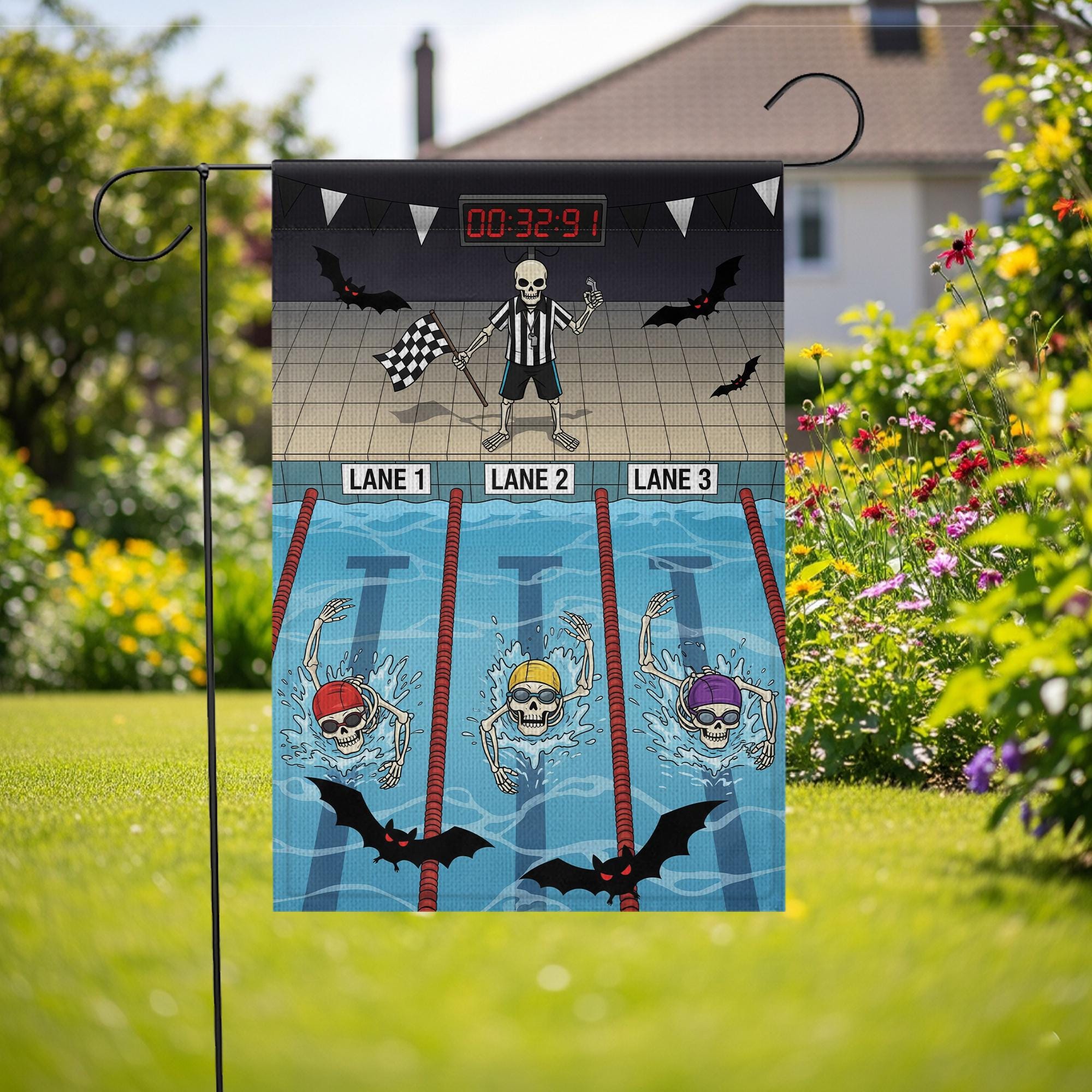 Skeleton Swim Halloween Garden Flag – Funny Swimming Skeleton Yard Decor – Spooky Pool Sports Banner