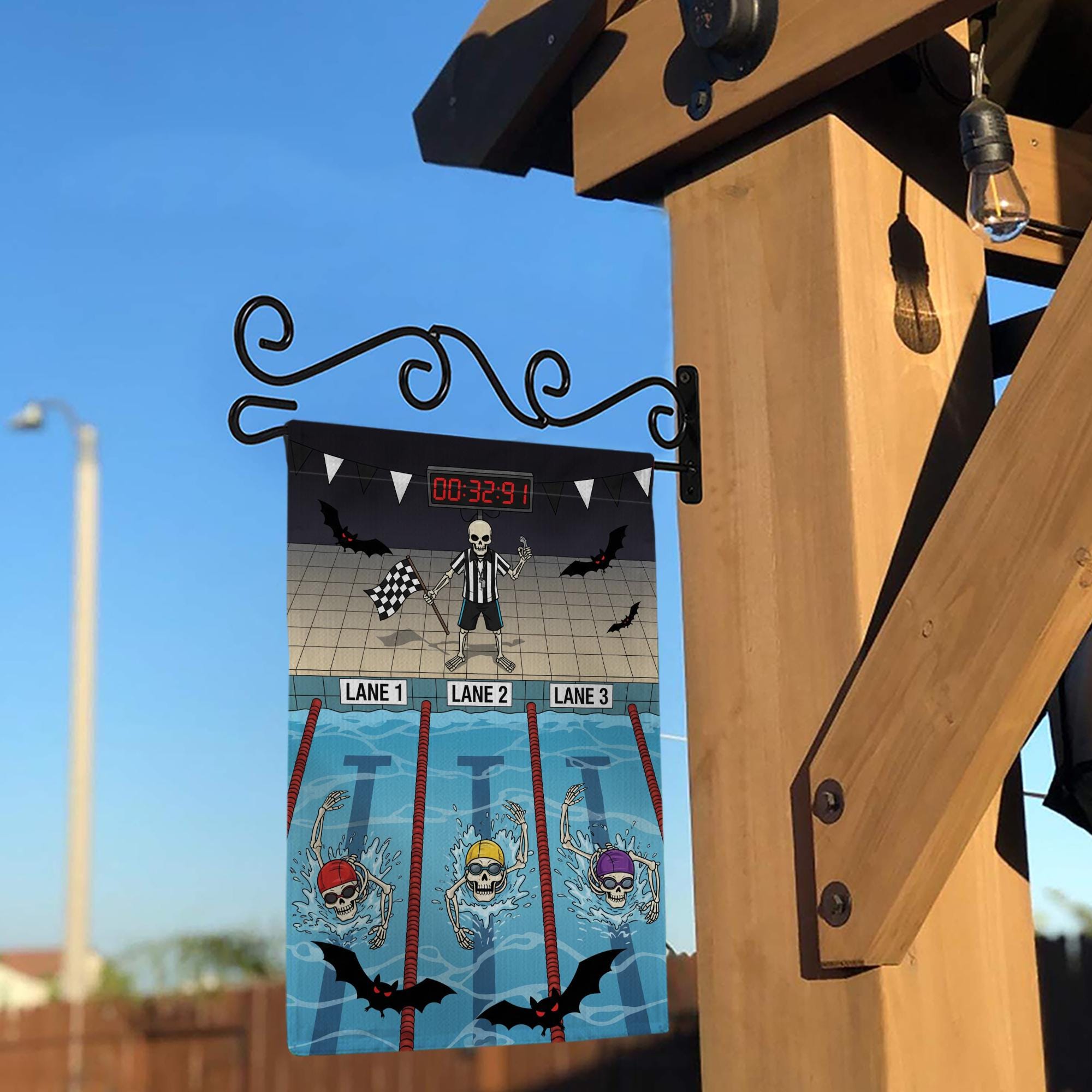 Skeleton Swim Halloween Garden Flag – Funny Swimming Skeleton Yard Decor – Spooky Pool Sports Banner
