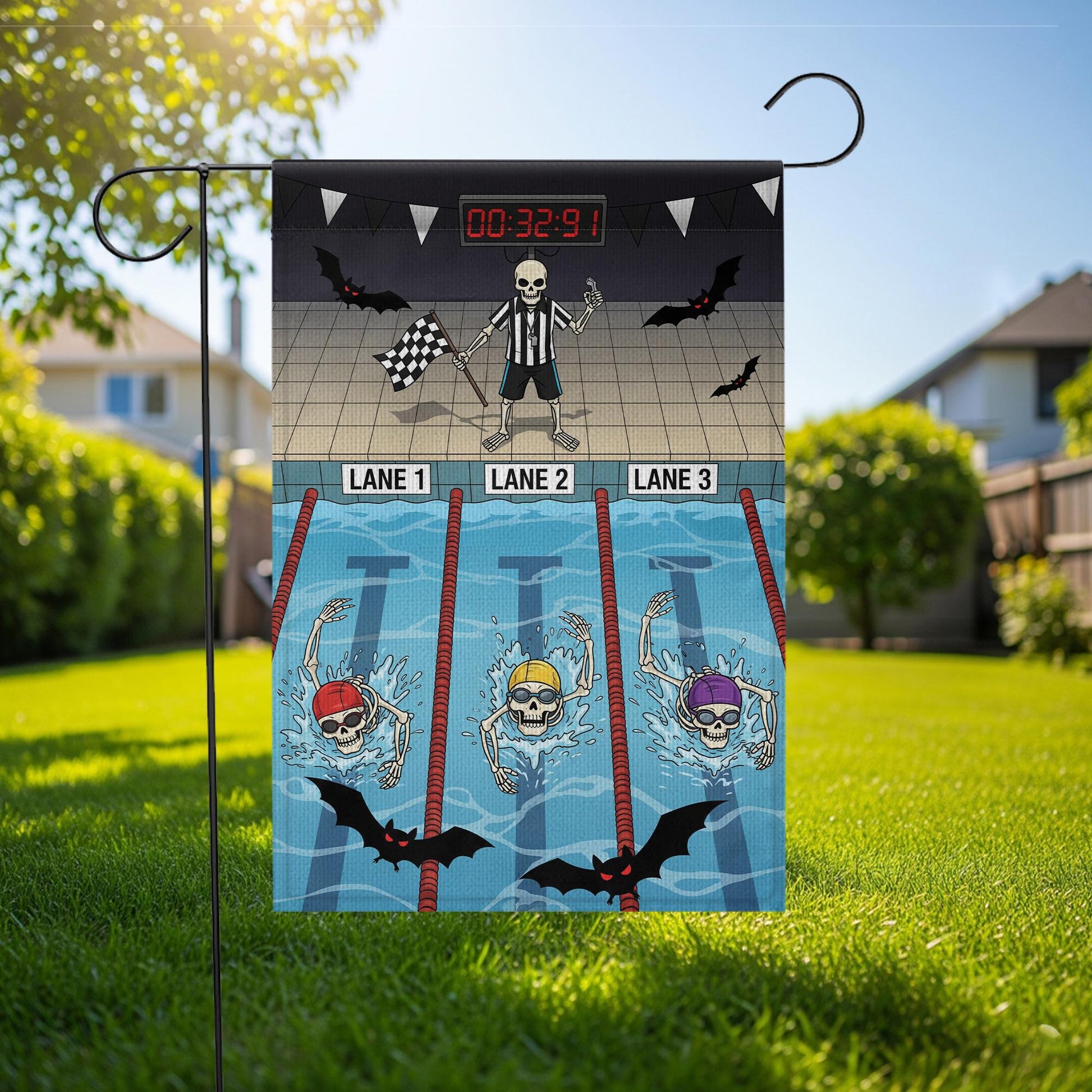 Skeleton Swim Halloween Garden Flag – Funny Swimming Skeleton Yard Decor – Spooky Pool Sports Banner