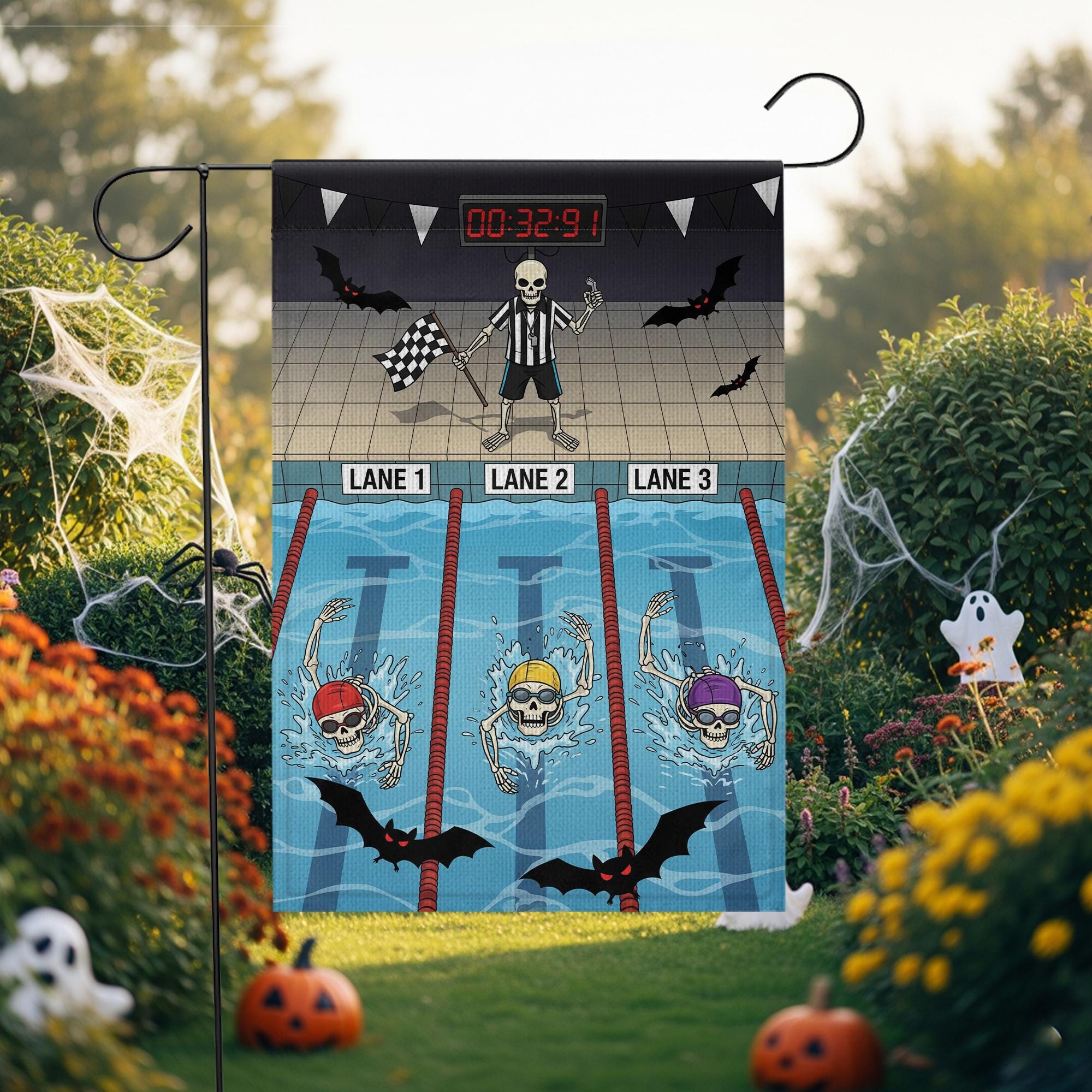 Skeleton Swim Halloween Garden Flag – Funny Swimming Skeleton Yard Decor – Spooky Pool Sports Banner
