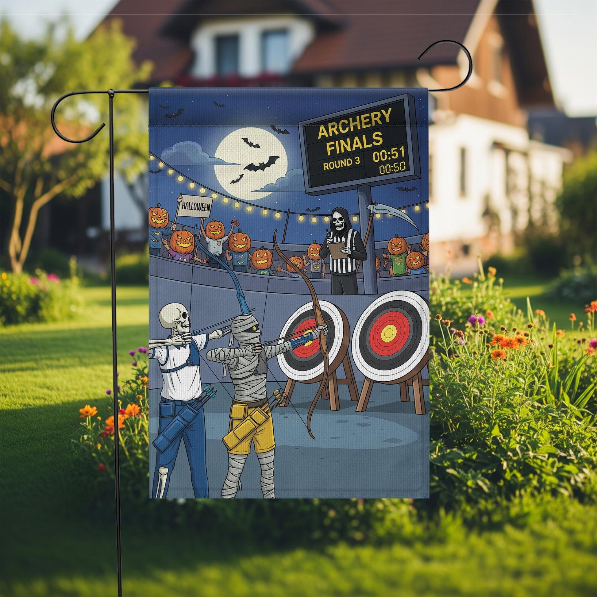 Halloween Archery Garden Flag – Funny Skeleton Mummy Sports Yard Decor – Spooky Target Practice Banner