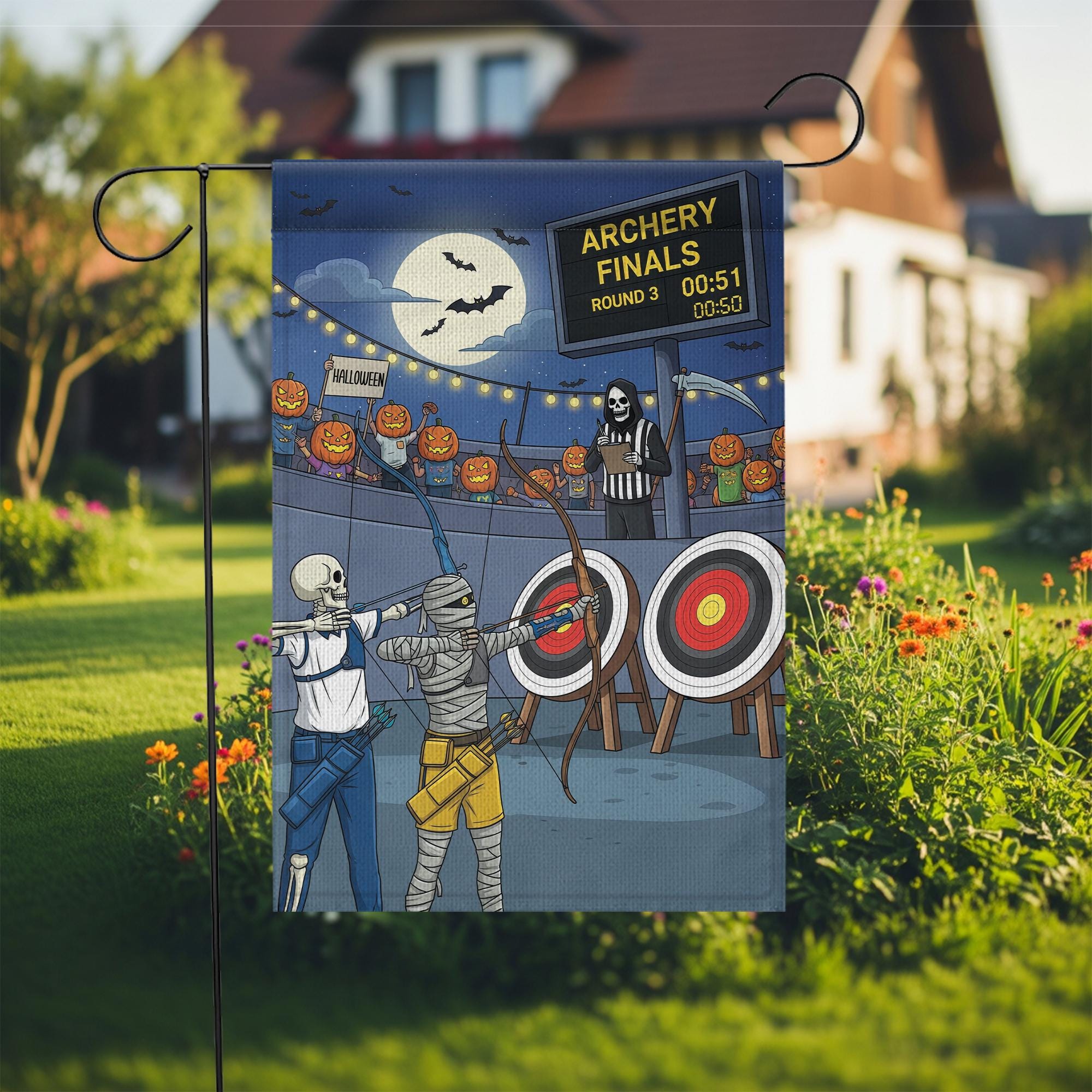 Halloween Archery Garden Flag – Funny Skeleton Mummy Sports Yard Decor – Spooky Target Practice Banner