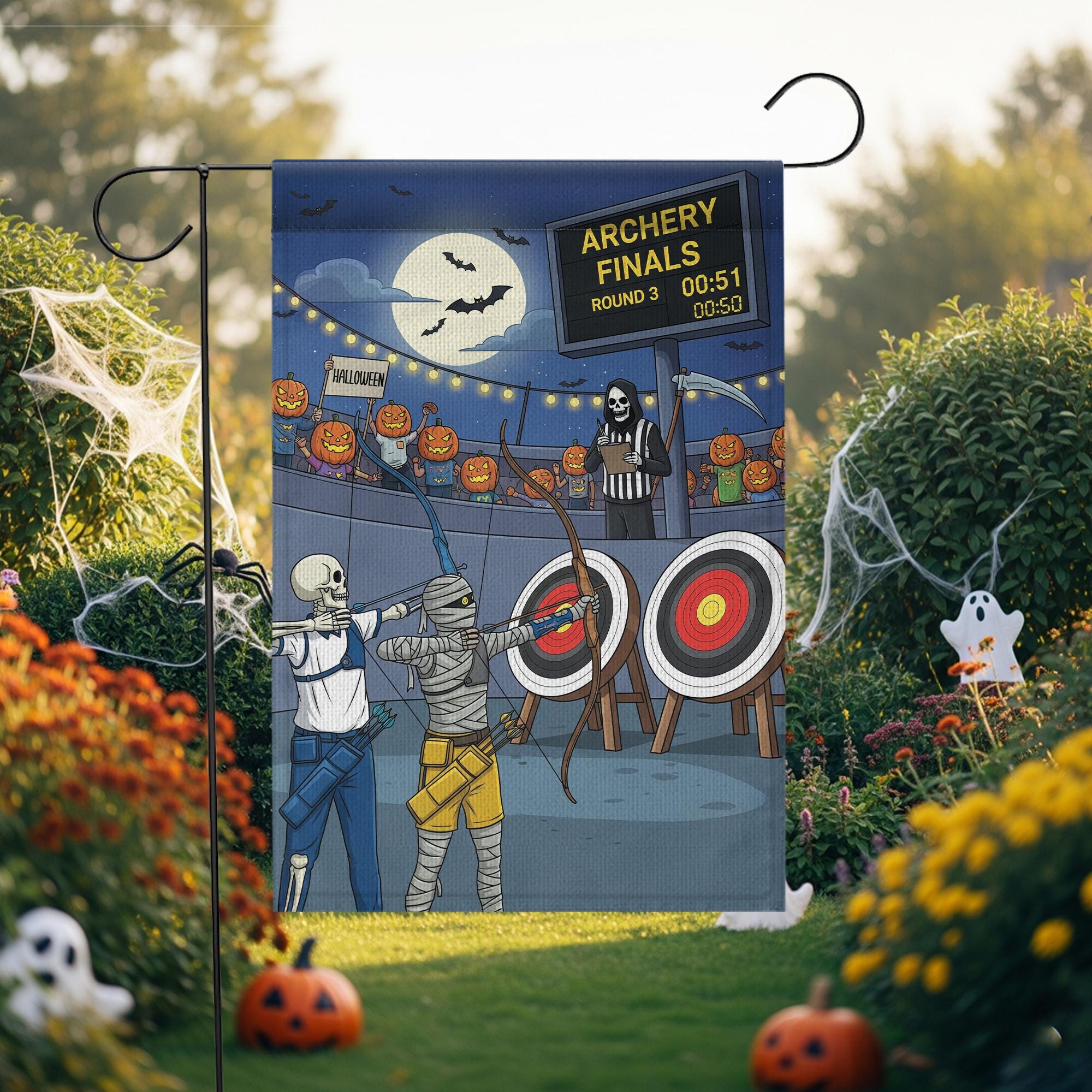 Halloween Archery Garden Flag – Funny Skeleton Mummy Sports Yard Decor – Spooky Target Practice Banner