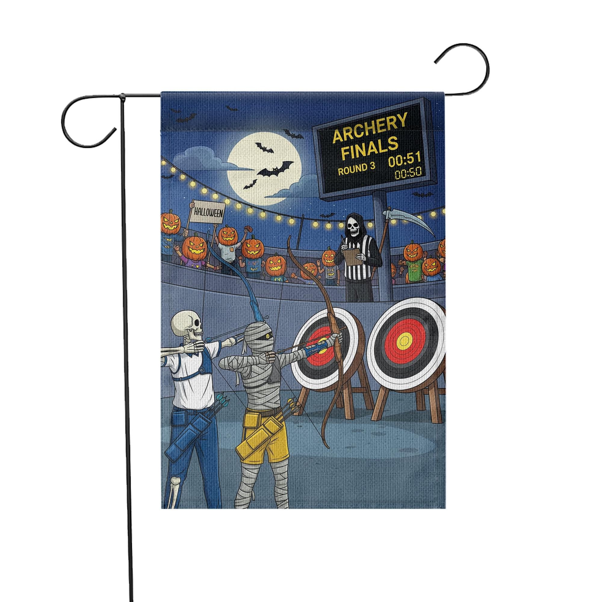 Halloween Archery Garden Flag – Funny Skeleton Mummy Sports Yard Decor – Spooky Target Practice Banner