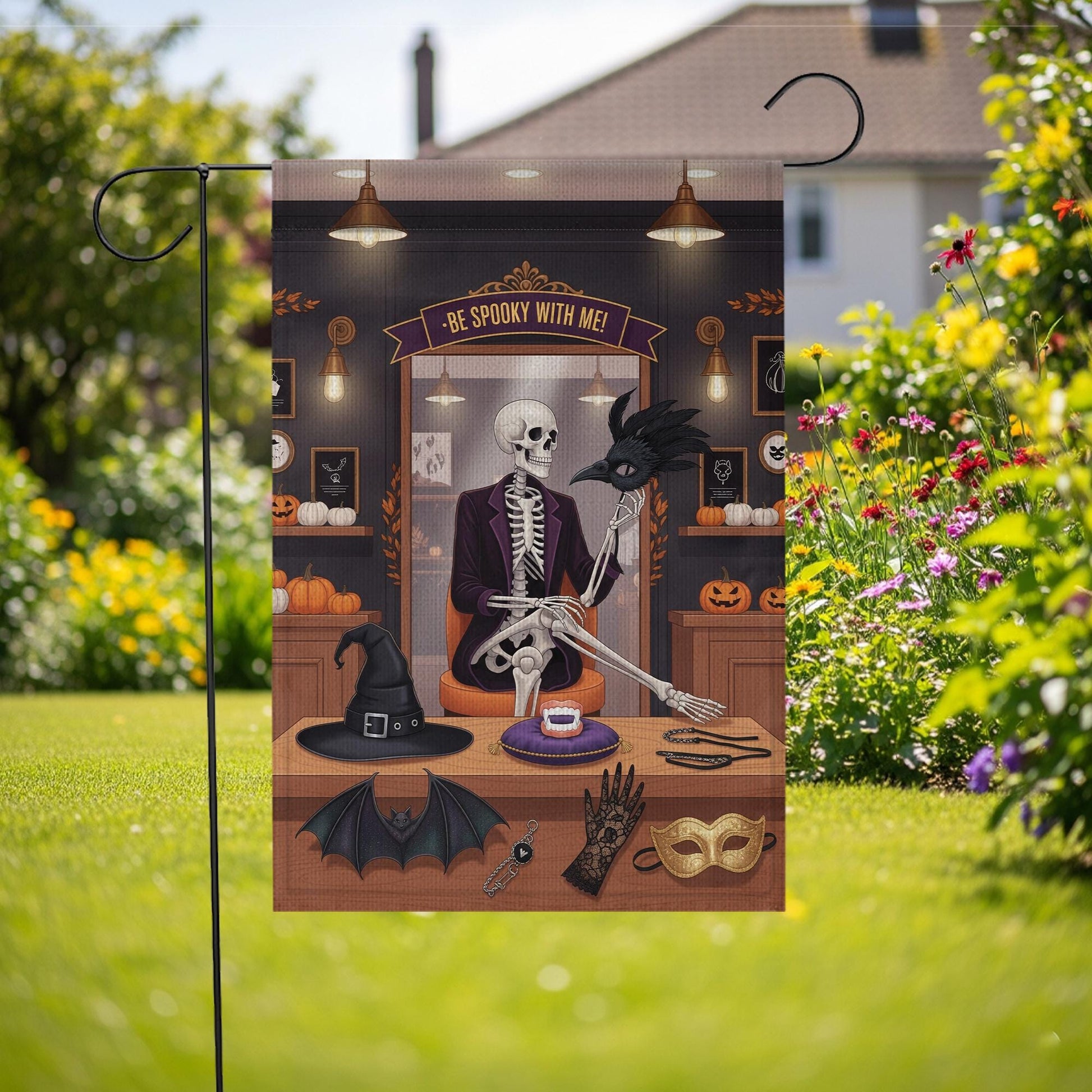 Be Spooky With Me Garden Flag – Funny Skeleton Halloween Yard Decor – Witch Hat Bat Mask Gothic Banner