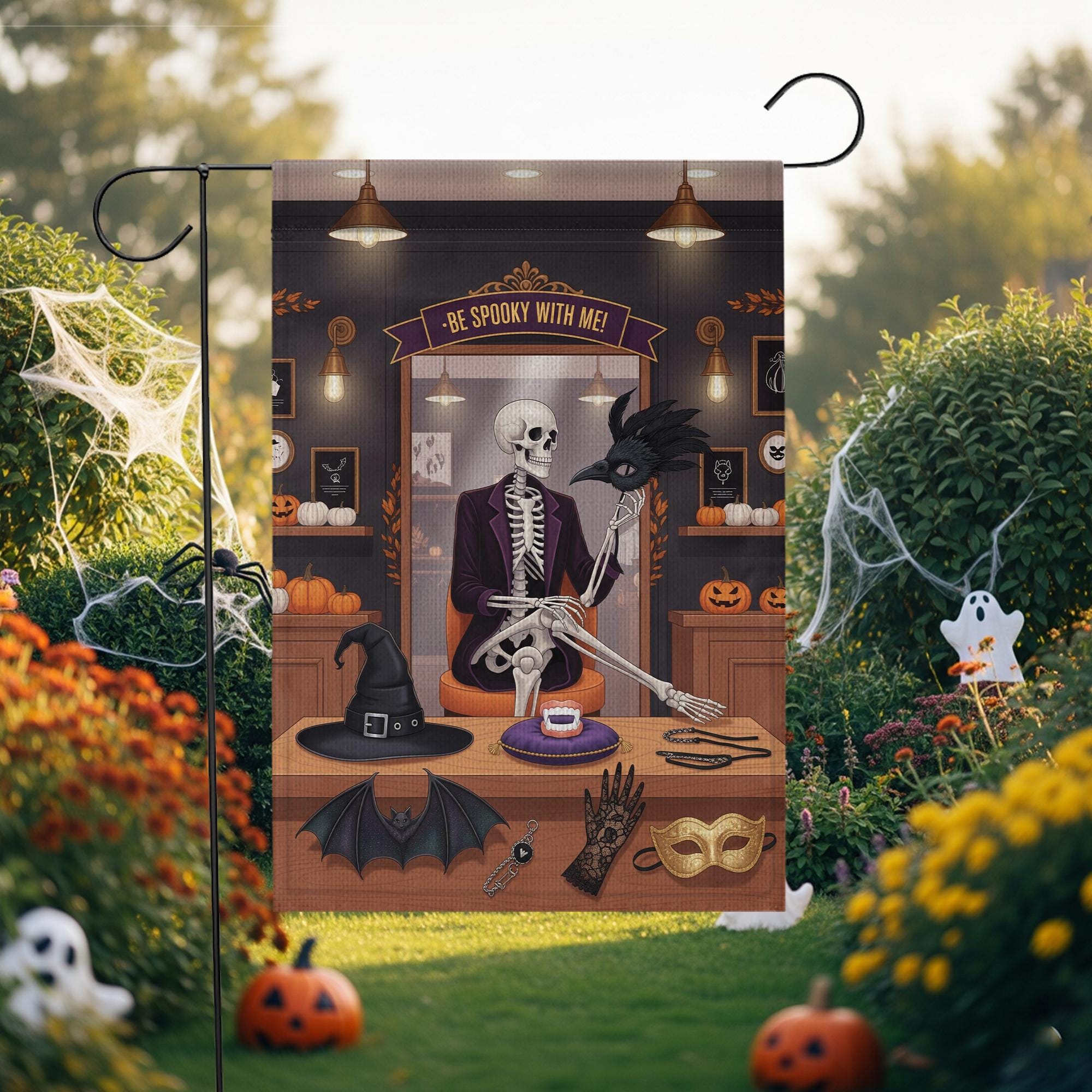 Be Spooky With Me Garden Flag – Funny Skeleton Halloween Yard Decor – Witch Hat Bat Mask Gothic Banner