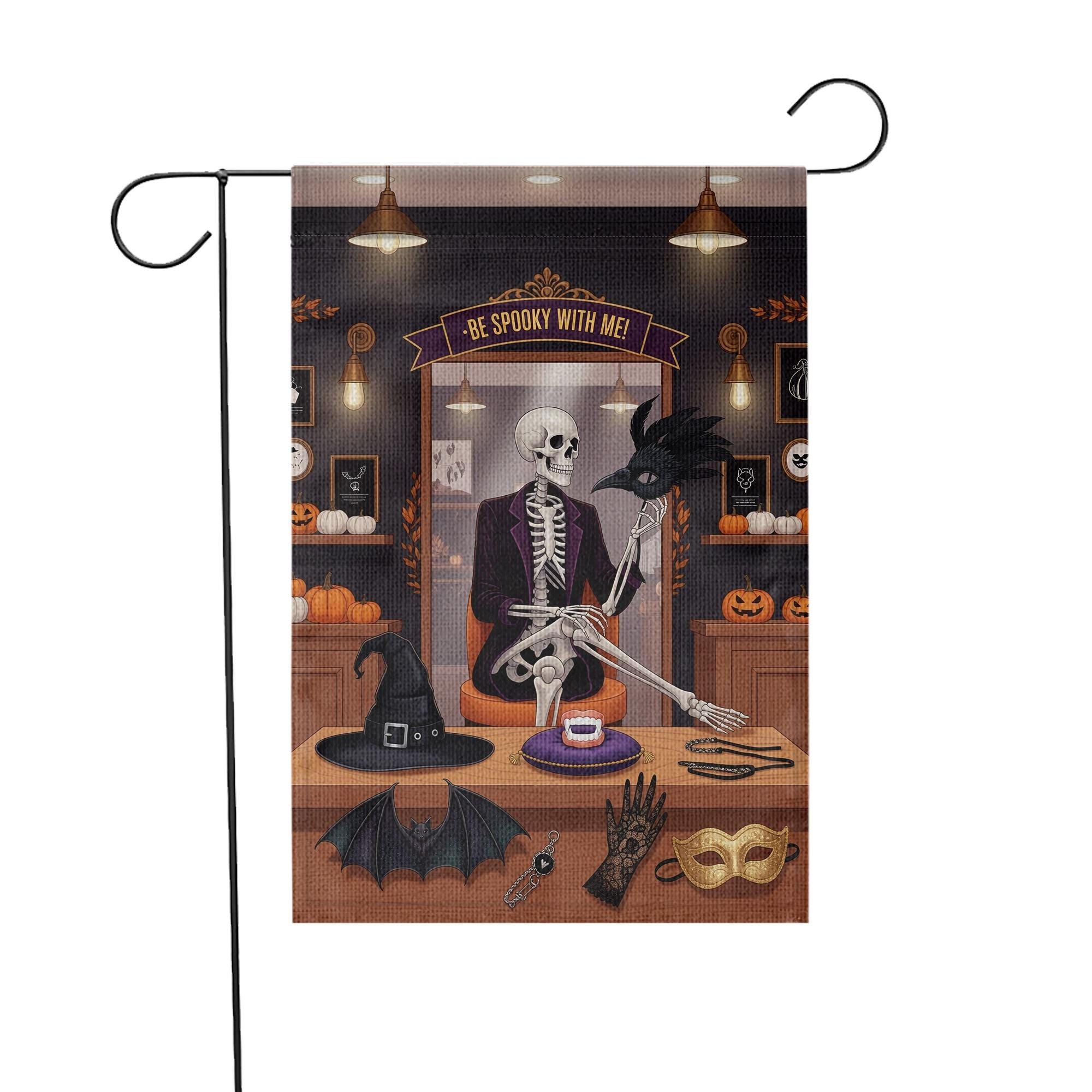 Be Spooky With Me Garden Flag – Funny Skeleton Halloween Yard Decor – Witch Hat Bat Mask Gothic Banner