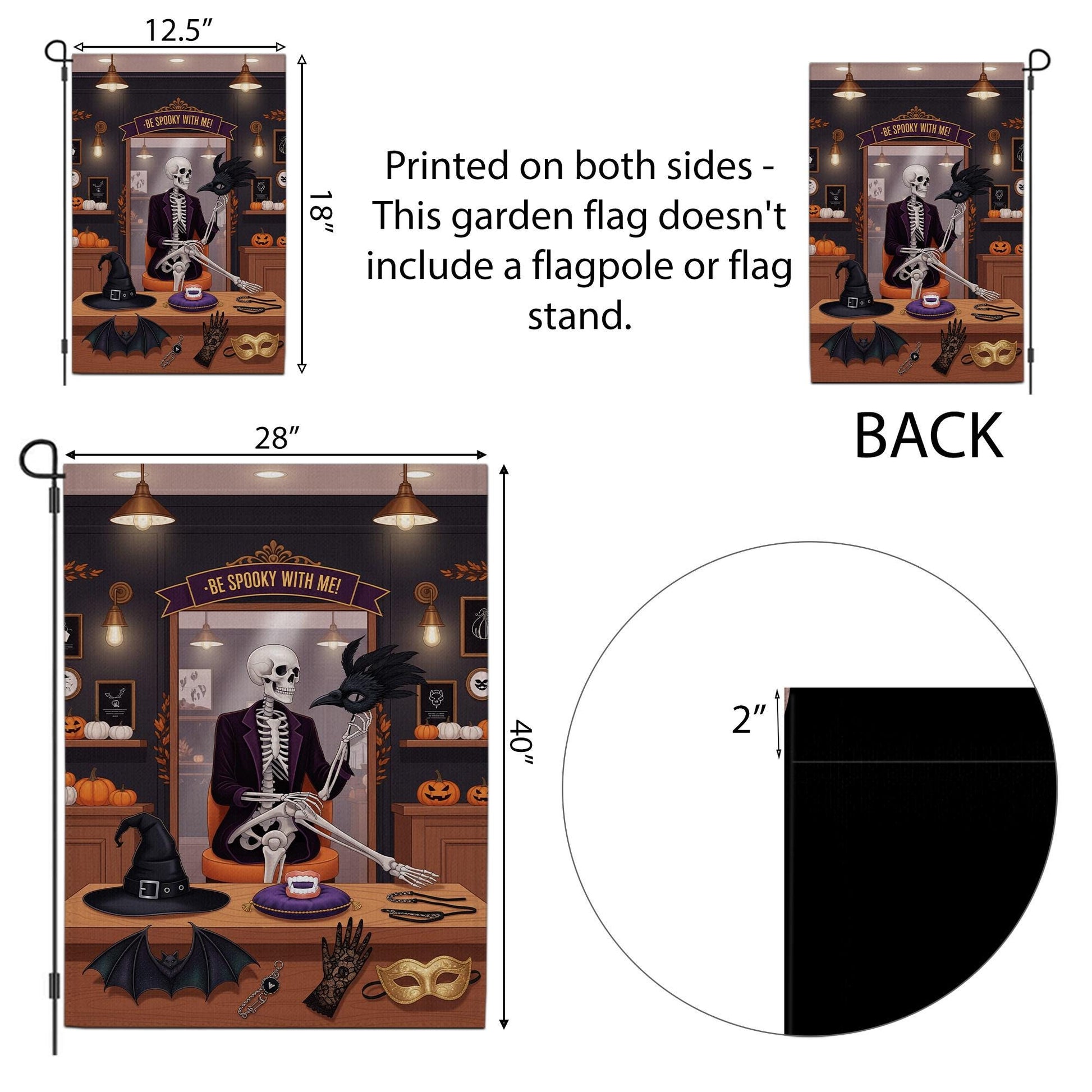 Be Spooky With Me Garden Flag – Funny Skeleton Halloween Yard Decor – Witch Hat Bat Mask Gothic Banner