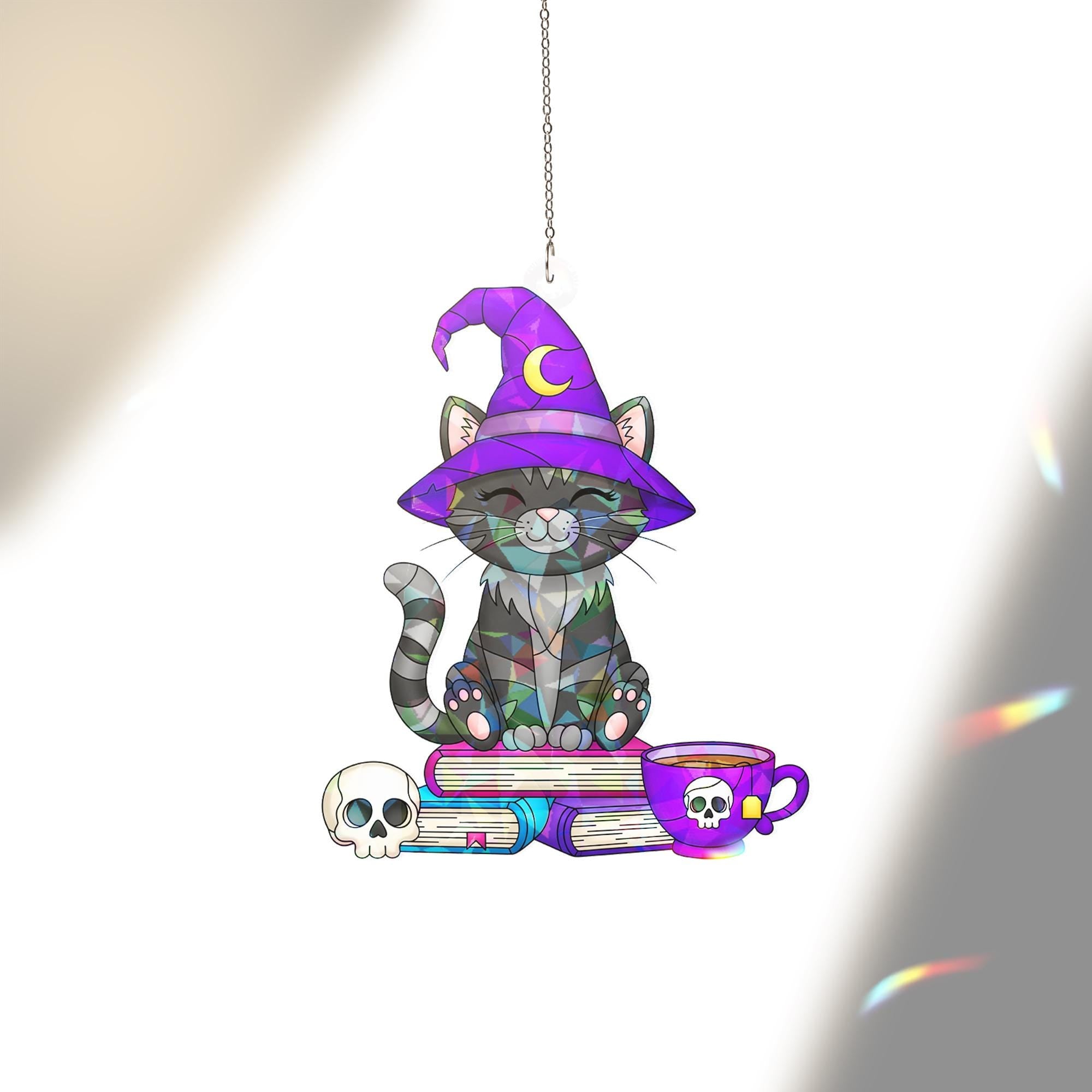 Witch Cat Suncatcher, Spooky Cute Halloween Decor, Acrylic Cat Ornament, Witchy Window Hanging, Gothic Home Decor, Cat Lover Gift