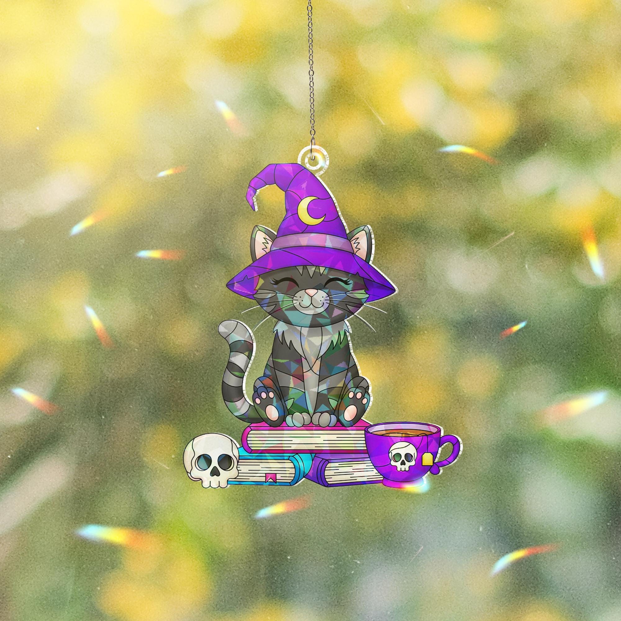 Witch Cat Suncatcher, Spooky Cute Halloween Decor, Acrylic Cat Ornament, Witchy Window Hanging, Gothic Home Decor, Cat Lover Gift