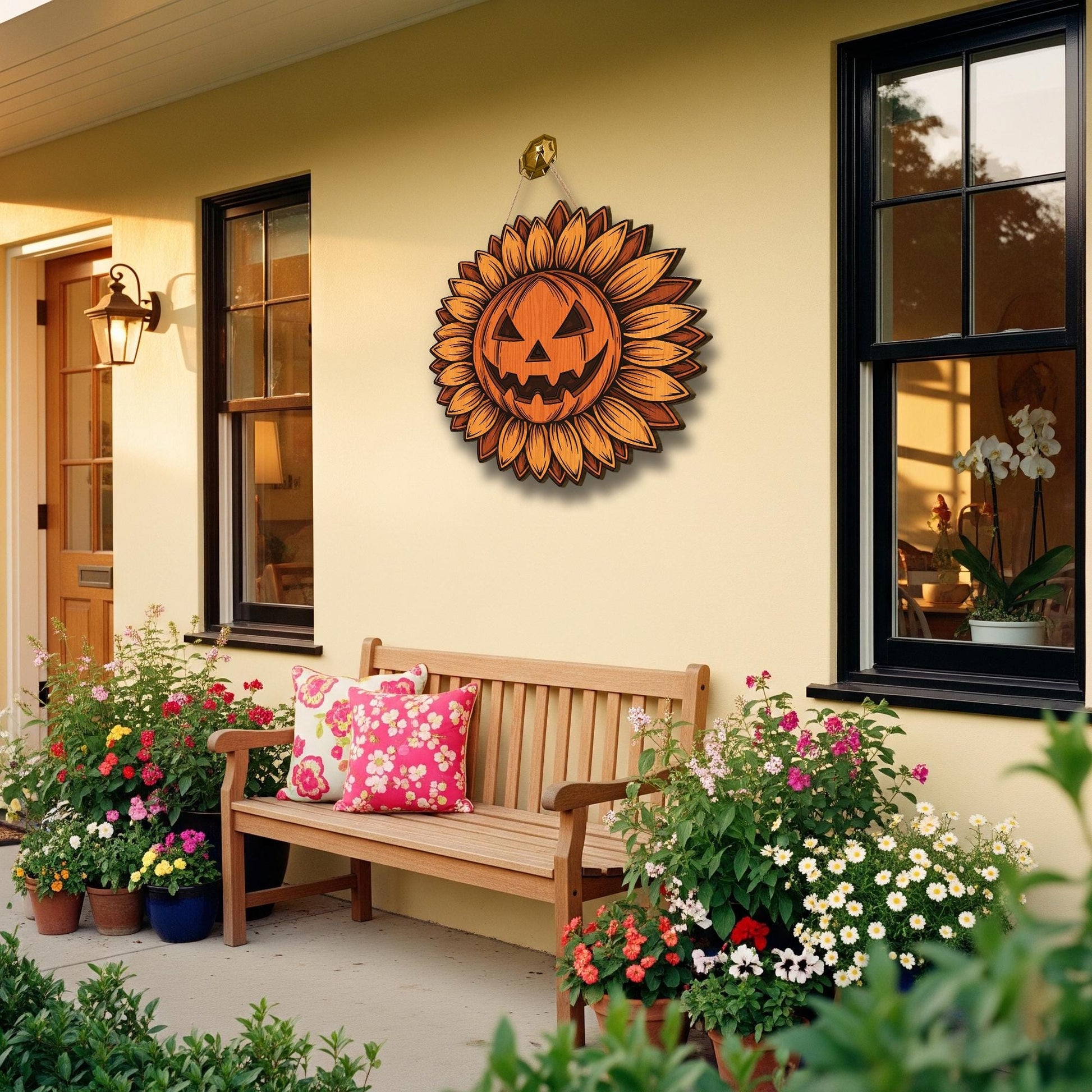 Jack O' Lantern Sunflower Wreath, Halloween Door Hanger, Rustic Pumpkin Sign for Front Door, Farmhouse Fall Decor, Autumn Porch Sign