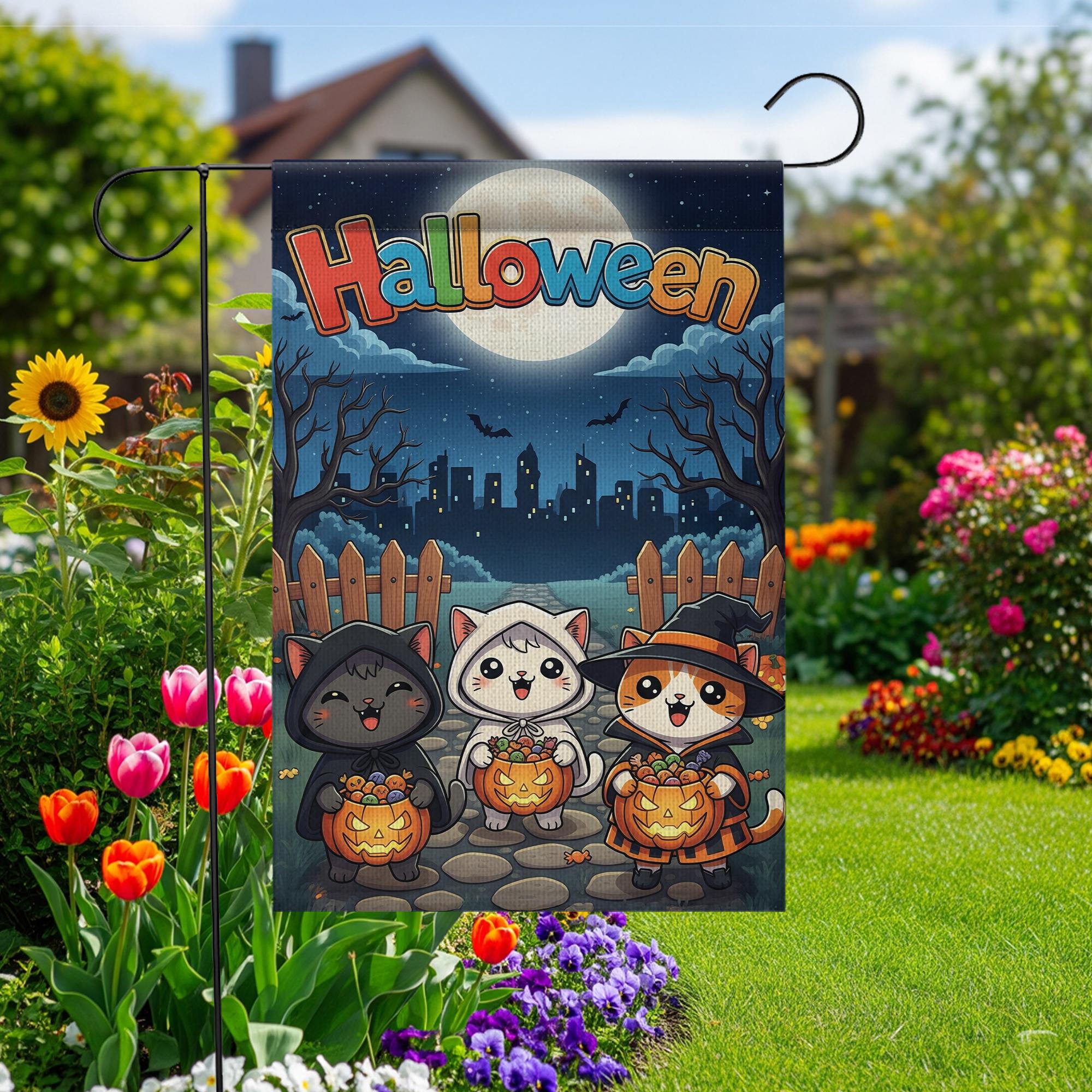 Cute Cat Halloween Garden Flag, Spooky Outdoor Yard Decor, Black Cat Ghost & Witch Flag, Kawaii Fall Porch Sign, Cat Lover Gift