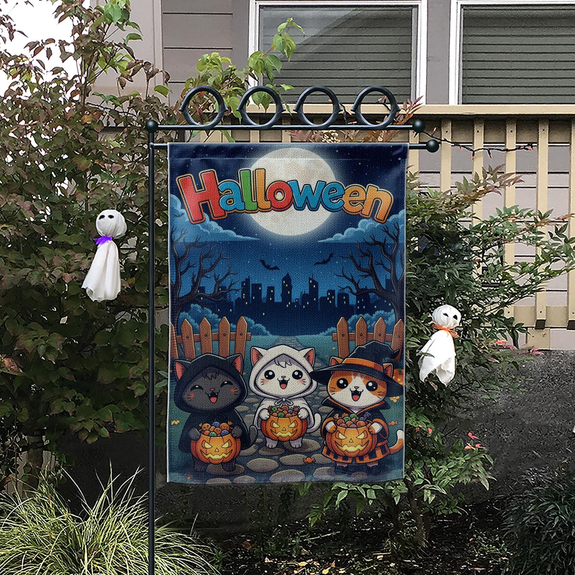 Cute Cat Halloween Garden Flag, Spooky Outdoor Yard Decor, Black Cat Ghost & Witch Flag, Kawaii Fall Porch Sign, Cat Lover Gift