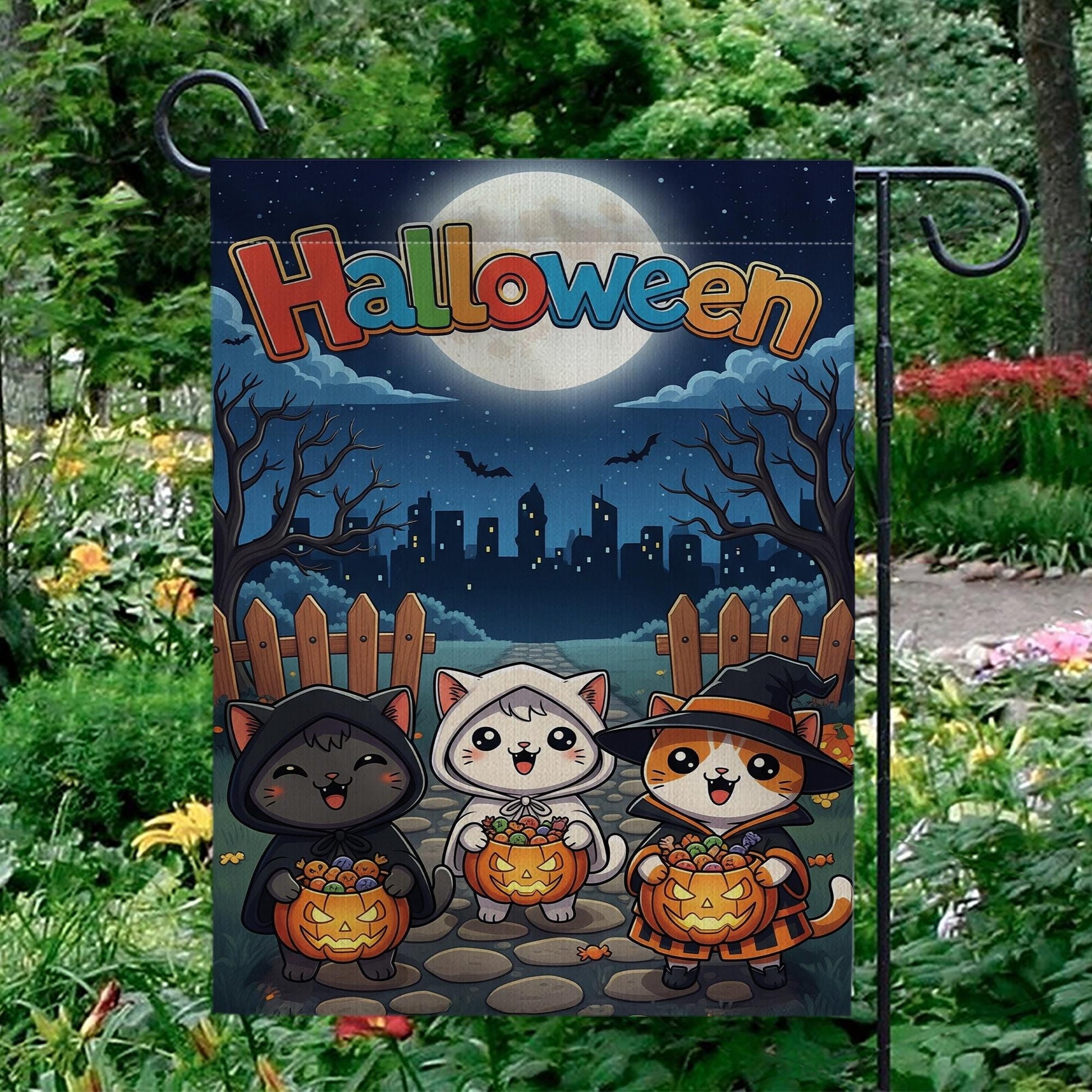 Cute Cat Halloween Garden Flag, Spooky Outdoor Yard Decor, Black Cat Ghost & Witch Flag, Kawaii Fall Porch Sign, Cat Lover Gift