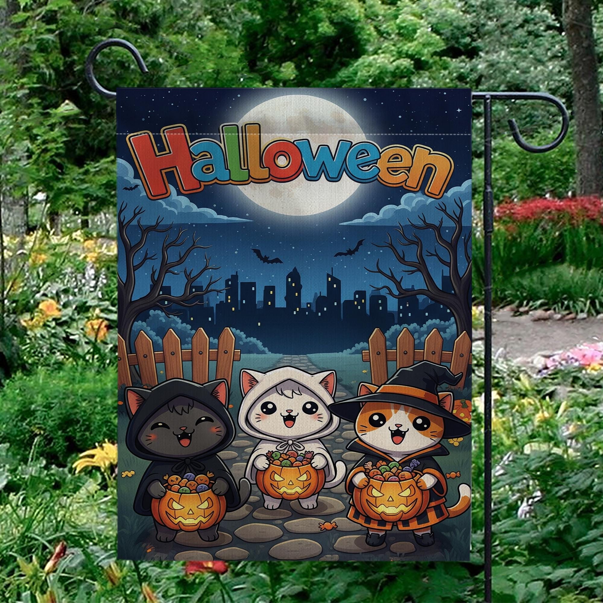 Cute Cat Halloween Garden Flag, Spooky Outdoor Yard Decor, Black Cat Ghost & Witch Flag, Kawaii Fall Porch Sign, Cat Lover Gift