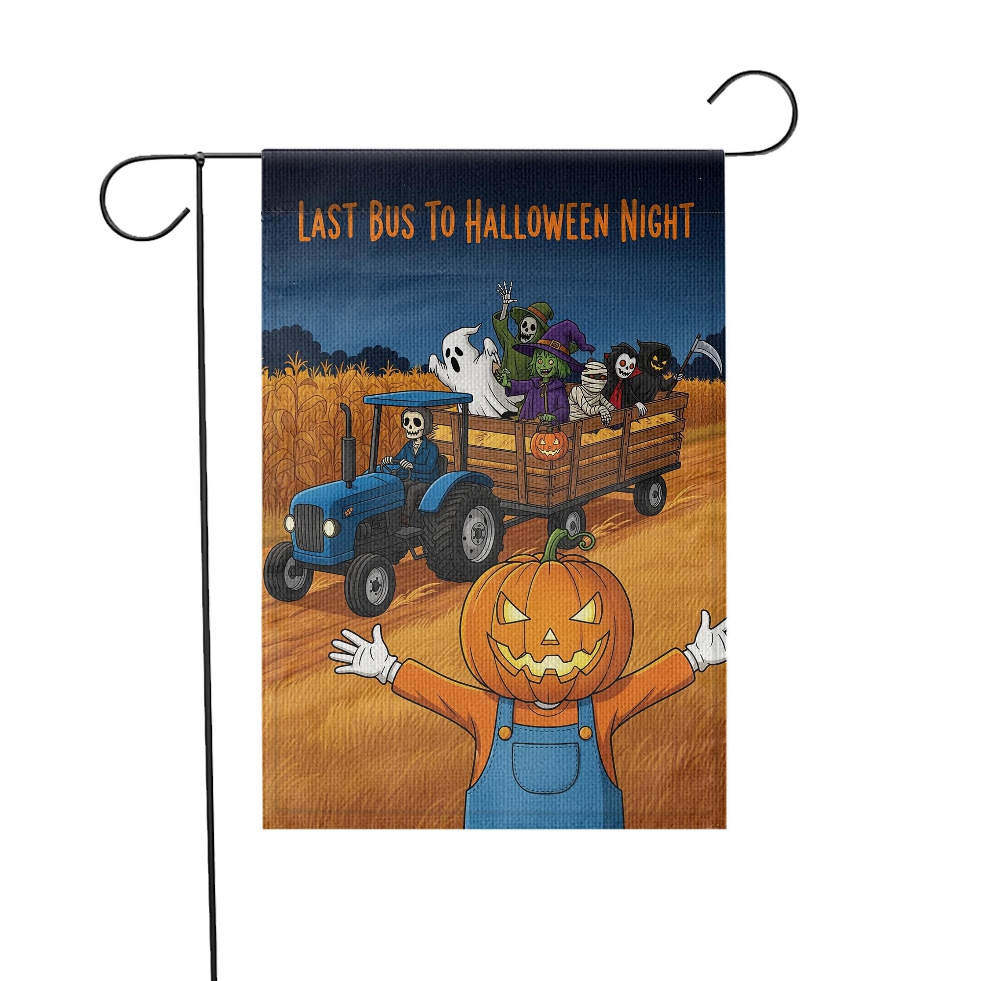 Halloween Garden Flag, Pumpkin Scarecrow & Skeleton Tractor, Spooky Hayride Yard Decor, Farmhouse Fall Porch Sign, Outdoor Halloween Decor
