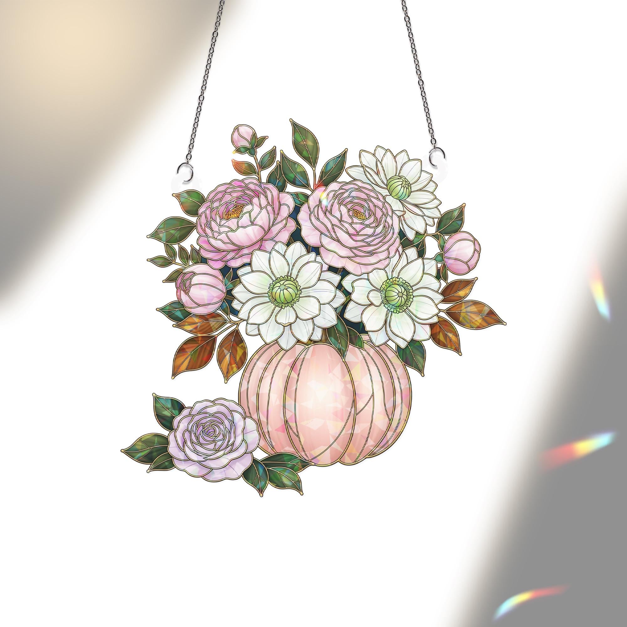Floral Pumpkin Holographic Window Hanging – Elegant Fall Sun Catcher, Autumn Rose & Dahlia Pumpkin Prism Window Decor
