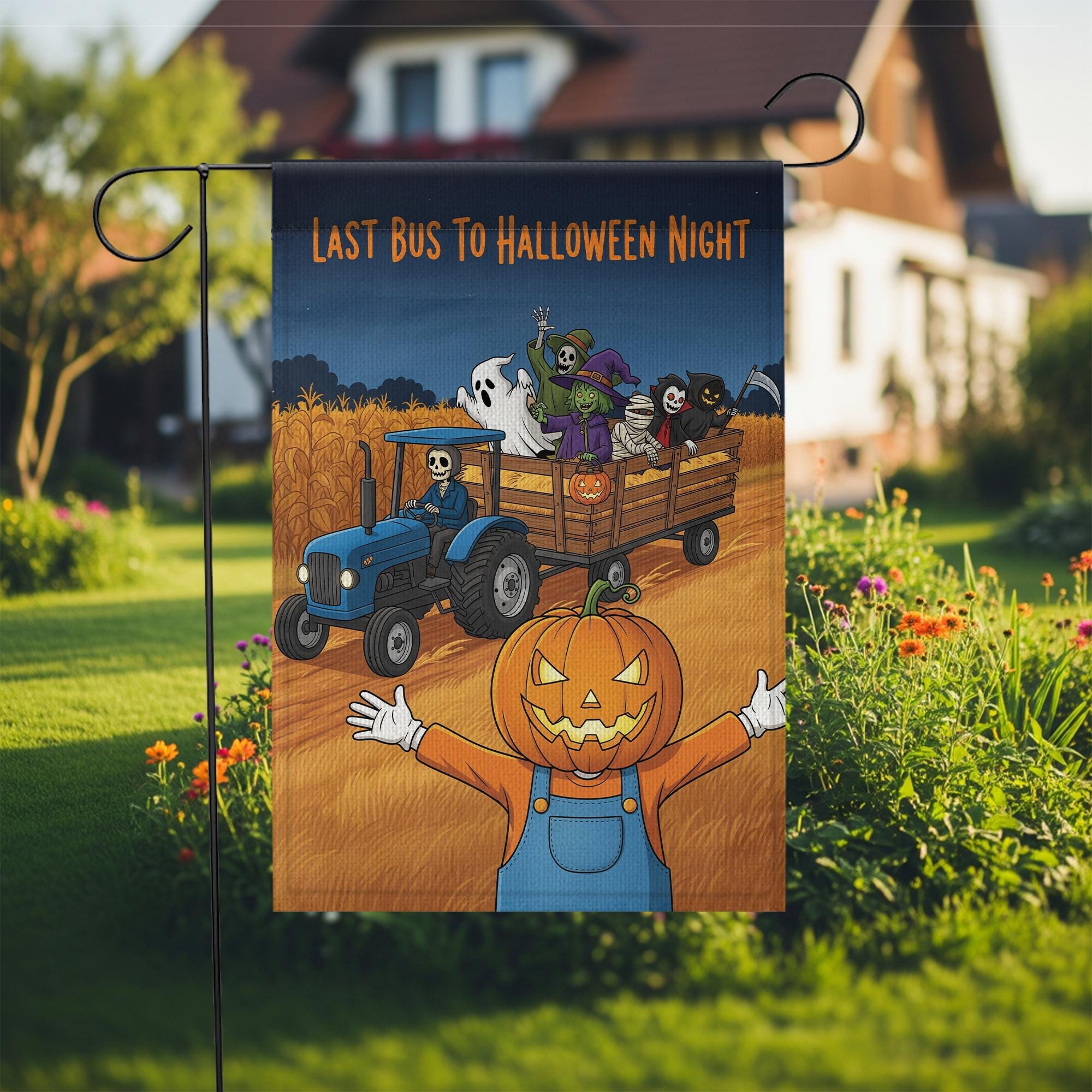 Halloween Garden Flag, Pumpkin Scarecrow & Skeleton Tractor, Spooky Hayride Yard Decor, Farmhouse Fall Porch Sign, Outdoor Halloween Decor