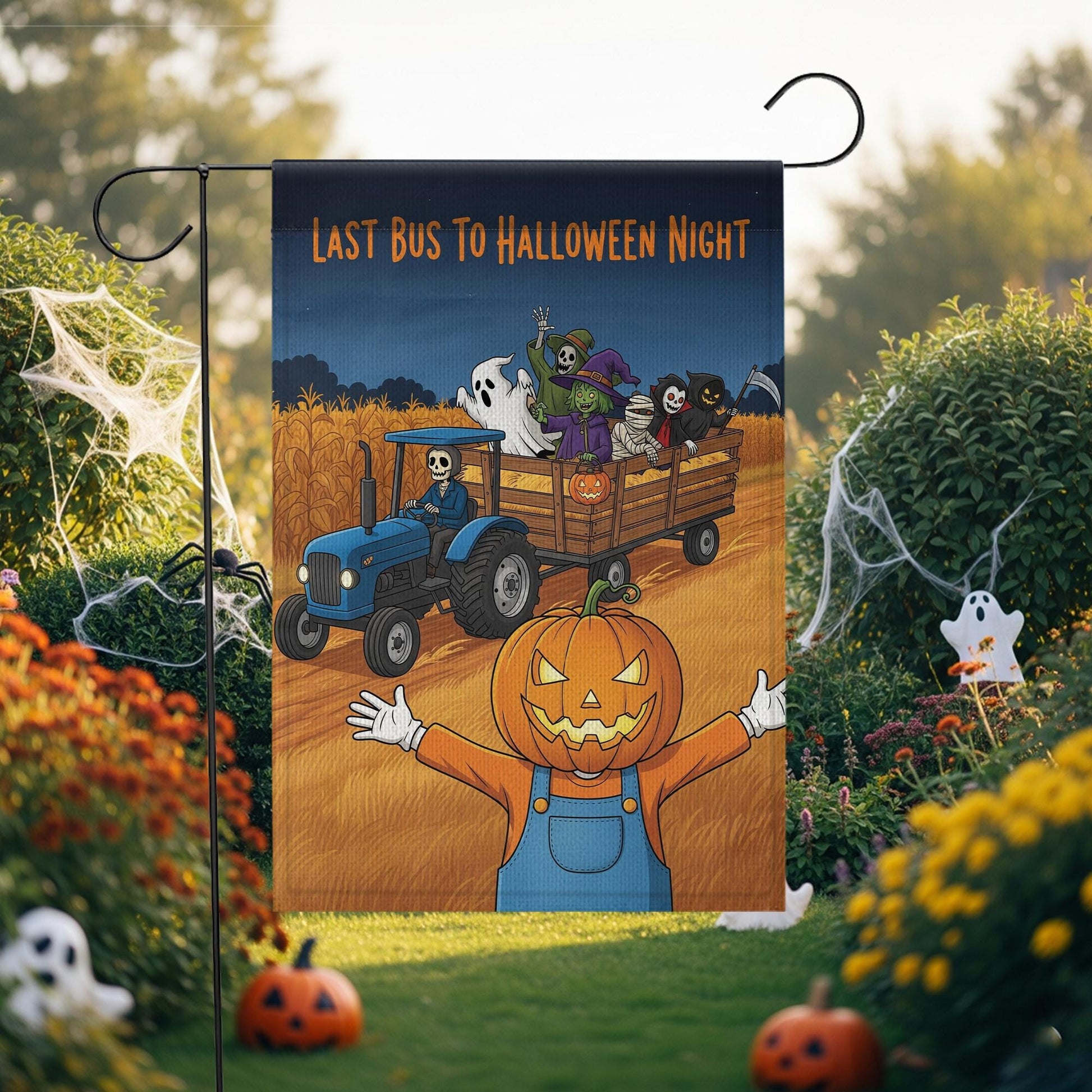 Halloween Garden Flag, Pumpkin Scarecrow & Skeleton Tractor, Spooky Hayride Yard Decor, Farmhouse Fall Porch Sign, Outdoor Halloween Decor