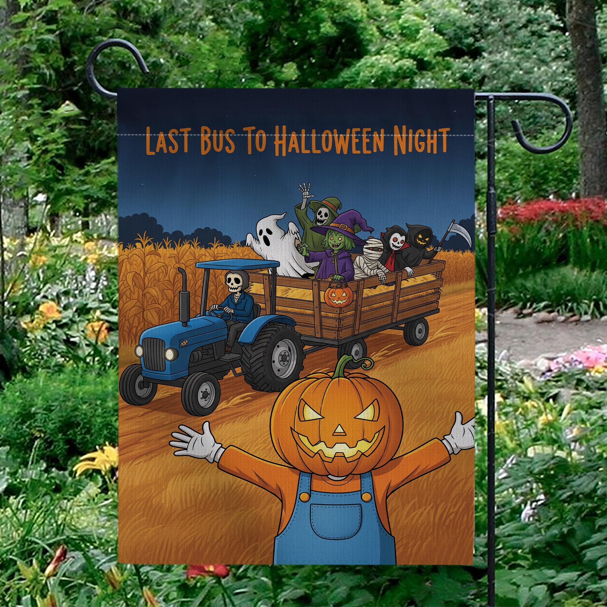 Halloween Garden Flag, Pumpkin Scarecrow & Skeleton Tractor, Spooky Hayride Yard Decor, Farmhouse Fall Porch Sign, Outdoor Halloween Decor