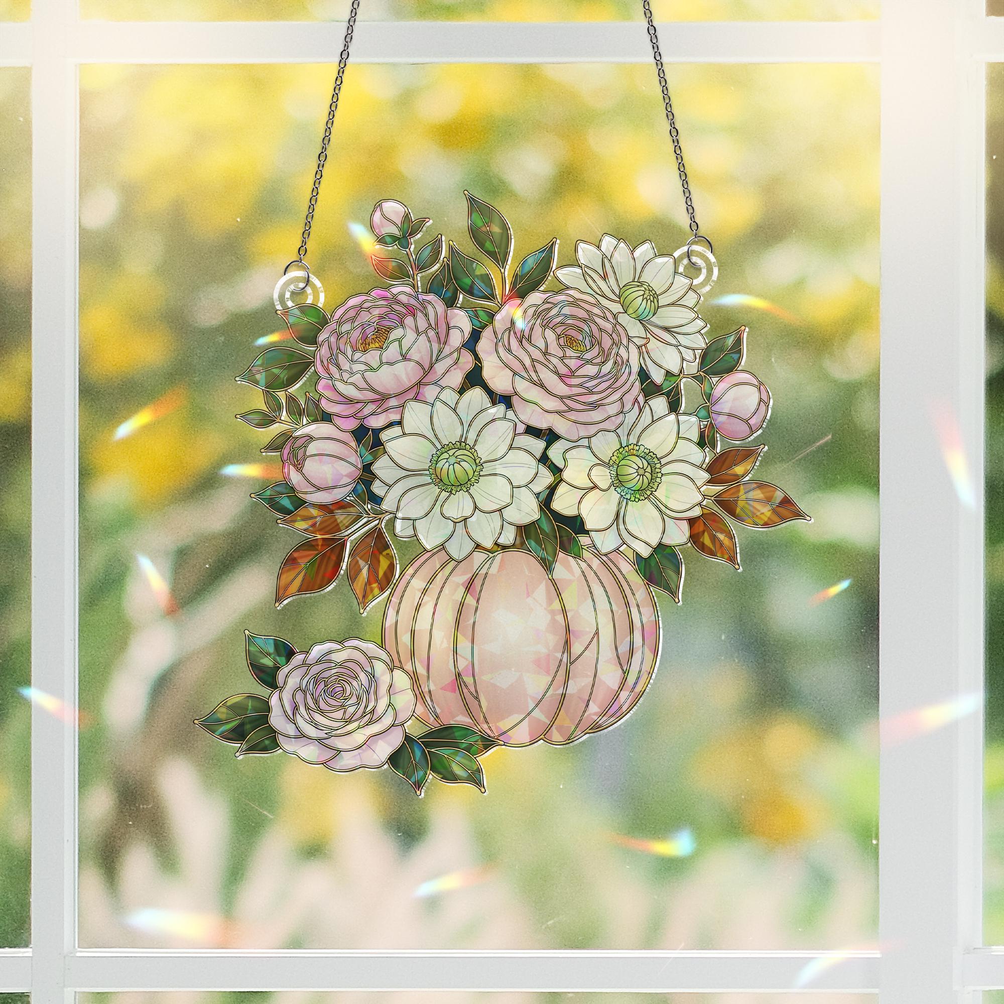 Floral Pumpkin Holographic Window Hanging – Elegant Fall Sun Catcher, Autumn Rose & Dahlia Pumpkin Prism Window Decor