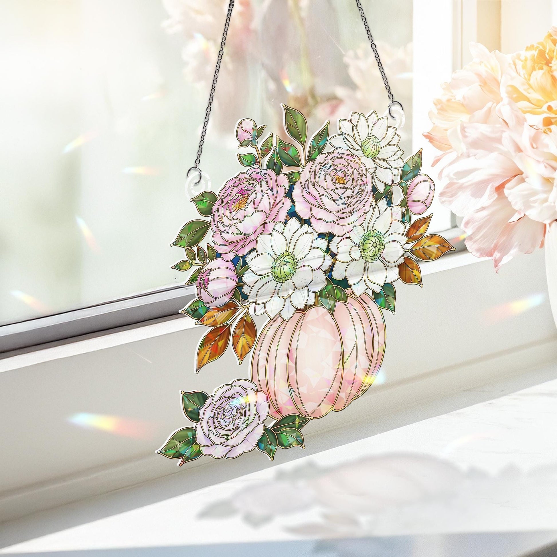 Floral Pumpkin Holographic Window Hanging – Elegant Fall Sun Catcher, Autumn Rose & Dahlia Pumpkin Prism Window Decor