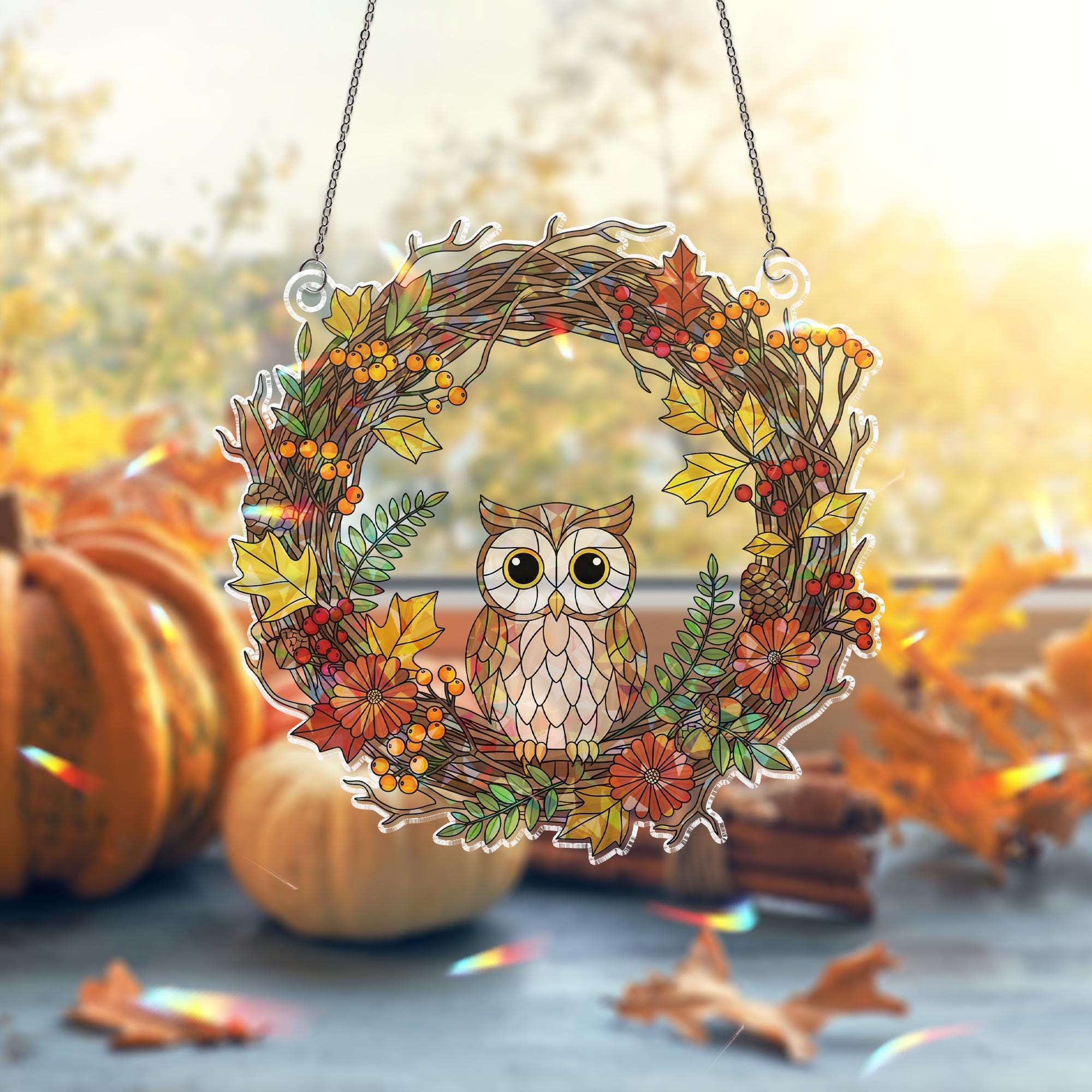 Owl Autumn Wreath Holographic Window Hanging – Fall Leaves & Berry Sun Catcher, Rustic Owl Seasonal Window Decor